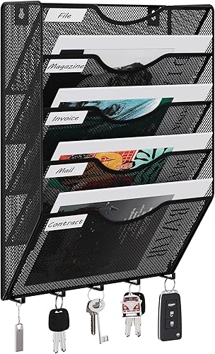 EasyPAG Organizador de archivos de montaje en pared con ganchos para llaves, 5 bolsillos de malla vertical, soporte para archivos de pared, soporte