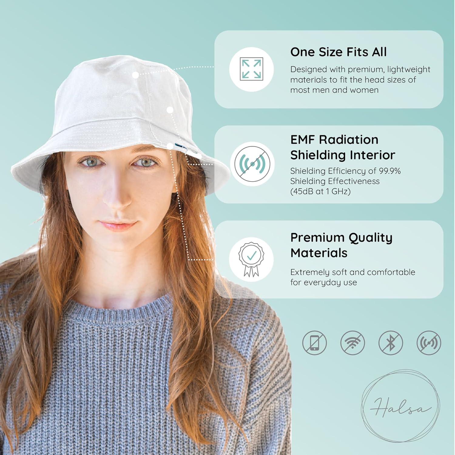 Halsa EMF Protection Hat Bucket Hat, Summer Sun Hat. White. Large/Extra Large Size.