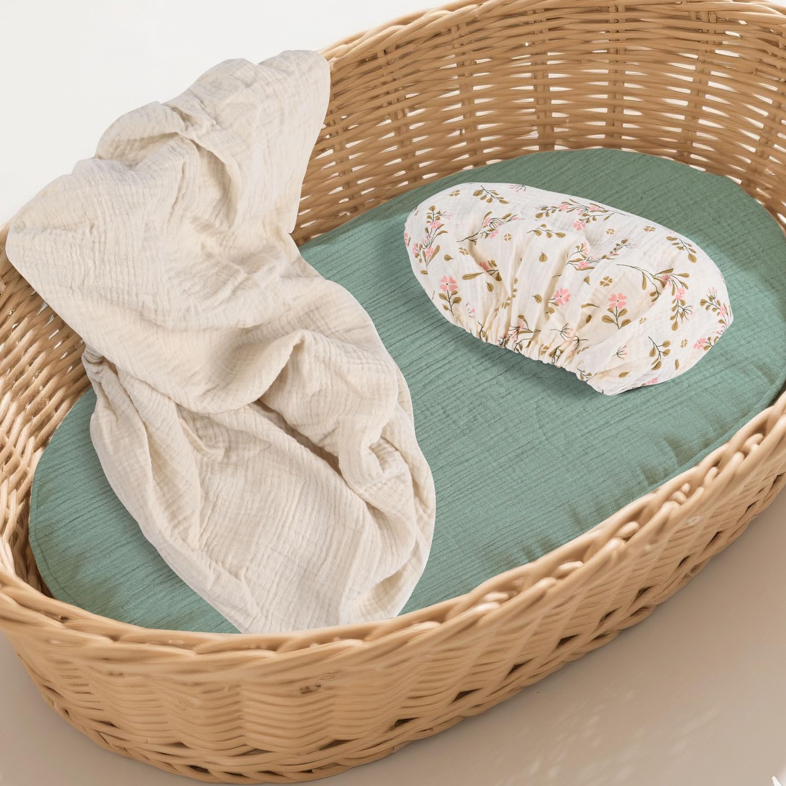 3 Stück Baby-Bettlaken, 83 × 43 cm, Universelle Spannbettlaken für Kinderwagen, 100% Musselin-Baumwolle, Baby Spannbettlaken, Reisebett Spannlaken Beistellbett Leintücher (Rosa Blume)