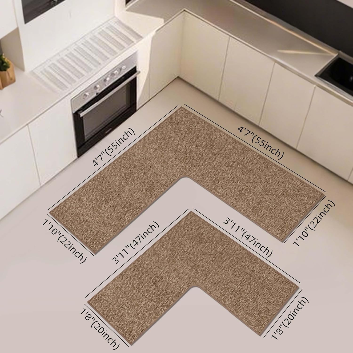 Washable Corner Kitchen Mat, L Shape Rug for Island Table, Super Absorption Velvet Rugs for Floor, Skid Free Right/Left Corner Rug for Door, Bathroom,Living room (Camel Right-L, 4'7''X4'7''X1'10'')