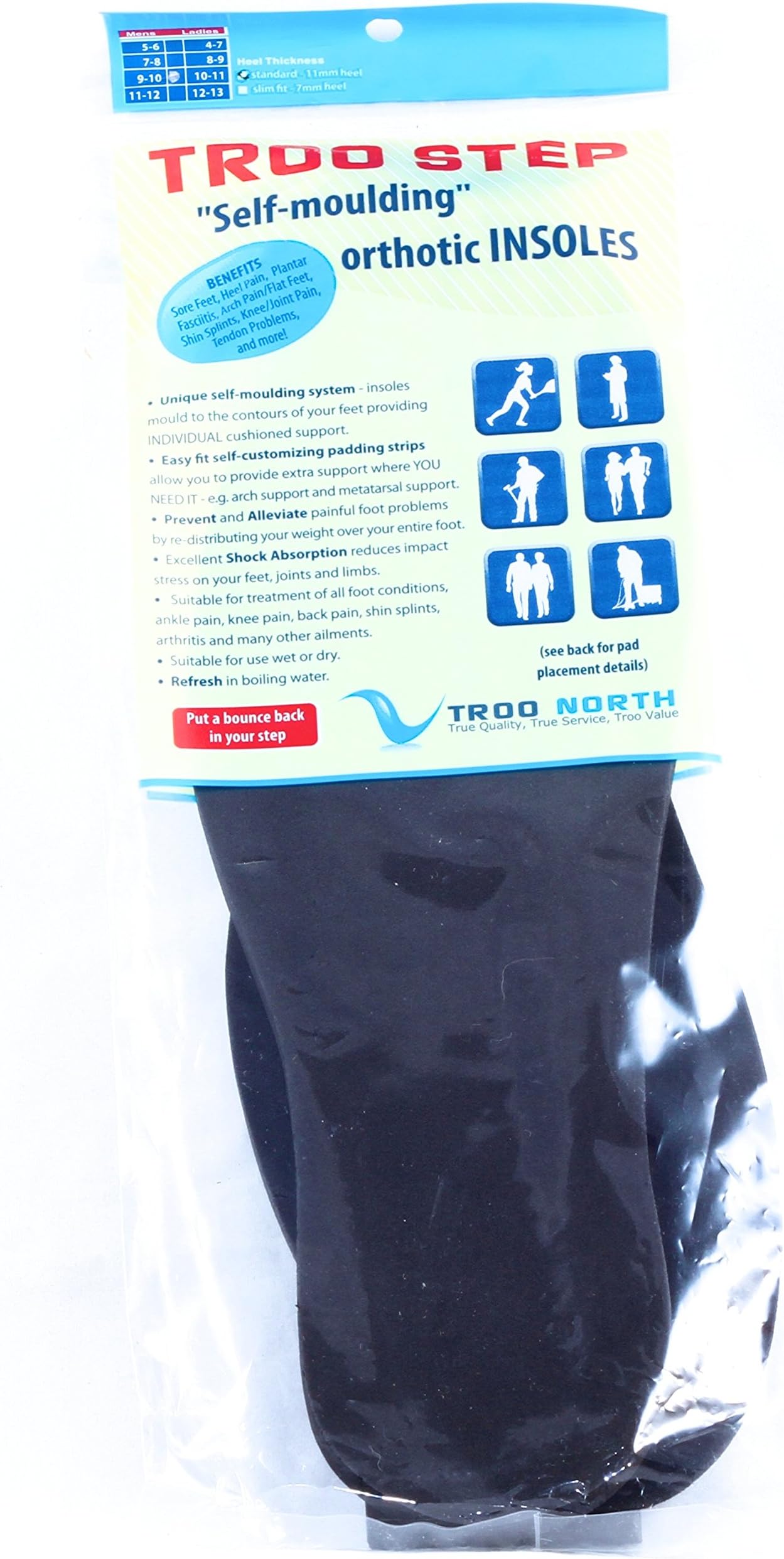 Troo Step Insoles Mens 11-12 / Ladies 12-13 Slim-Fit Heel 7mm - Self Moulding Cushioned Support Insoles for Foot Pain, Heel Pain, Plantar Fasciitis, Spurs, Policemans Heel, Arch Support and More