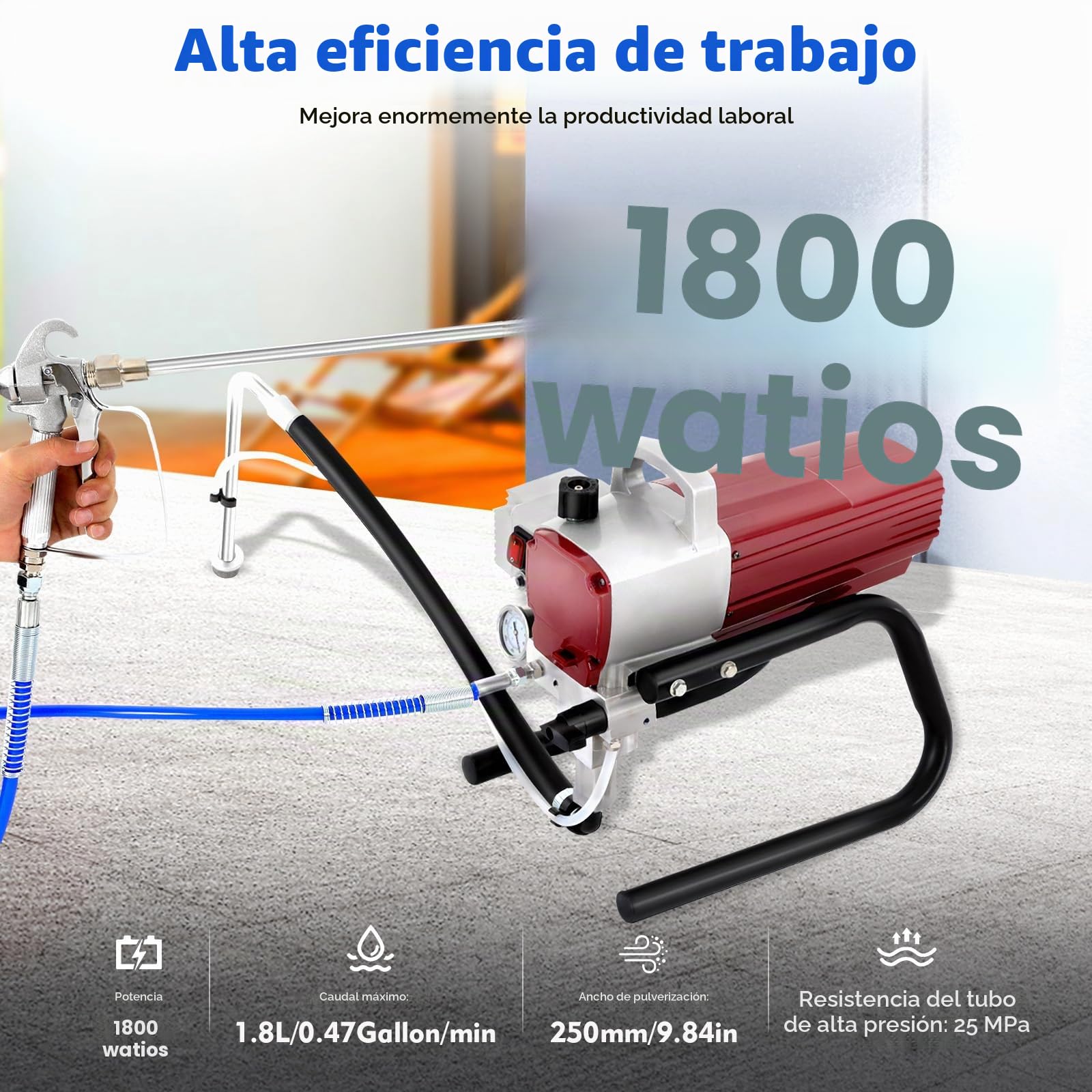 Pulverizador de pintura sin aire de 1800 W, 220 V, para todos los líquidos no granulares y fluidos, con boquilla, tubo pulverizador y barra de extensión