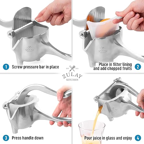 Miniatura 5 de Zulay - Exprimidor manual de frutas Exprimidor de jugo resistente con mango extraíble, 2 coladores y 1 forro Exprimidor de mano resistente para