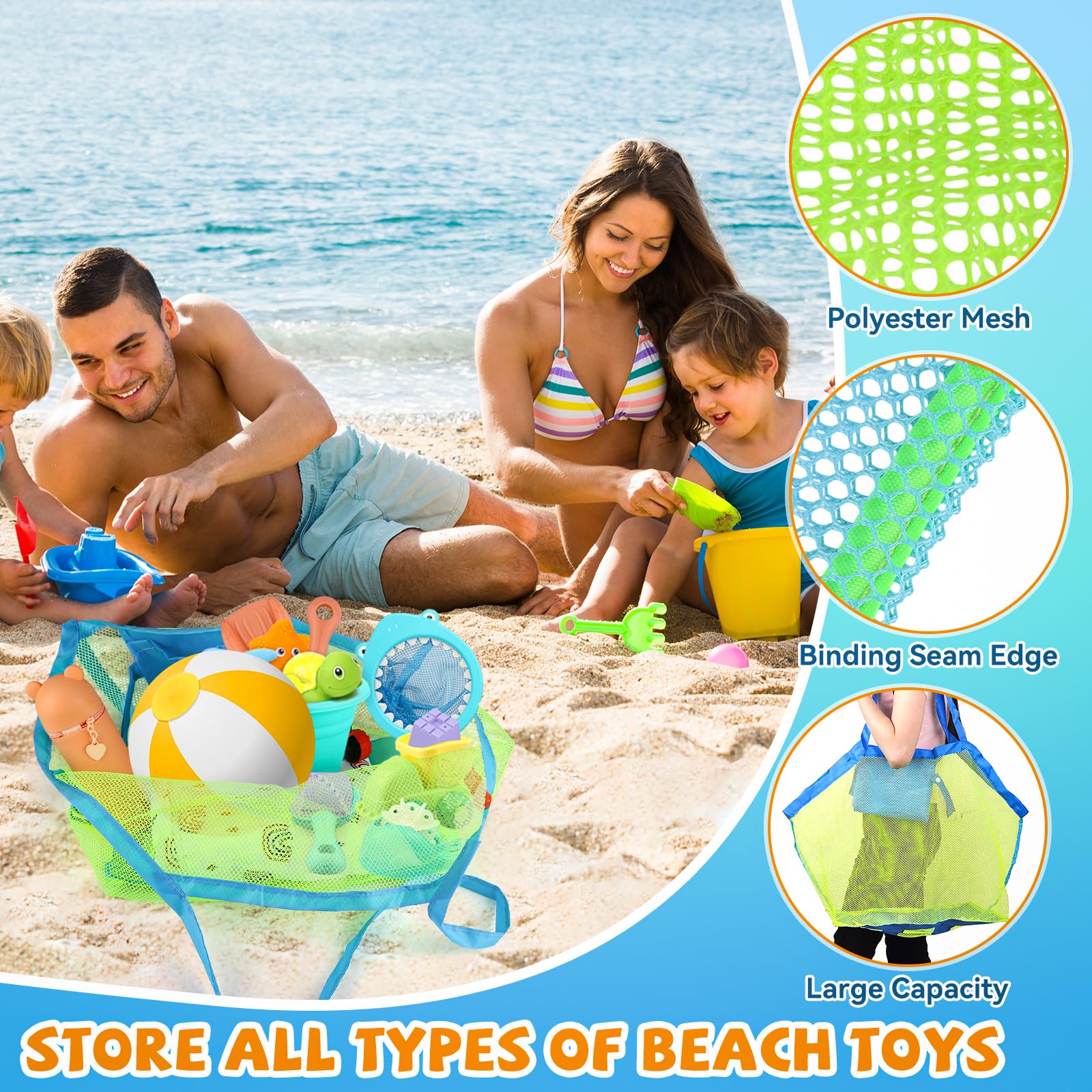 Torba na zabawki plażowe, duża, składana, wielokrotnego użytku, torba z siatki, na piasek, torba plażowa, torba siatkowa, na plażę, piknik, basen, worek na pranie, rodzinny urlop
