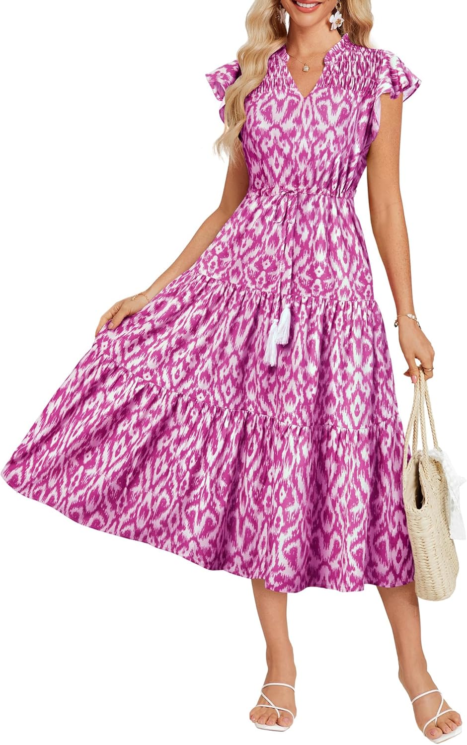GRACE KARIN Womens Summer Floral Midi Dresses Short Sleeve Beach Wedding Guest Dress Drawstring Long Flowy Dress with Pockets