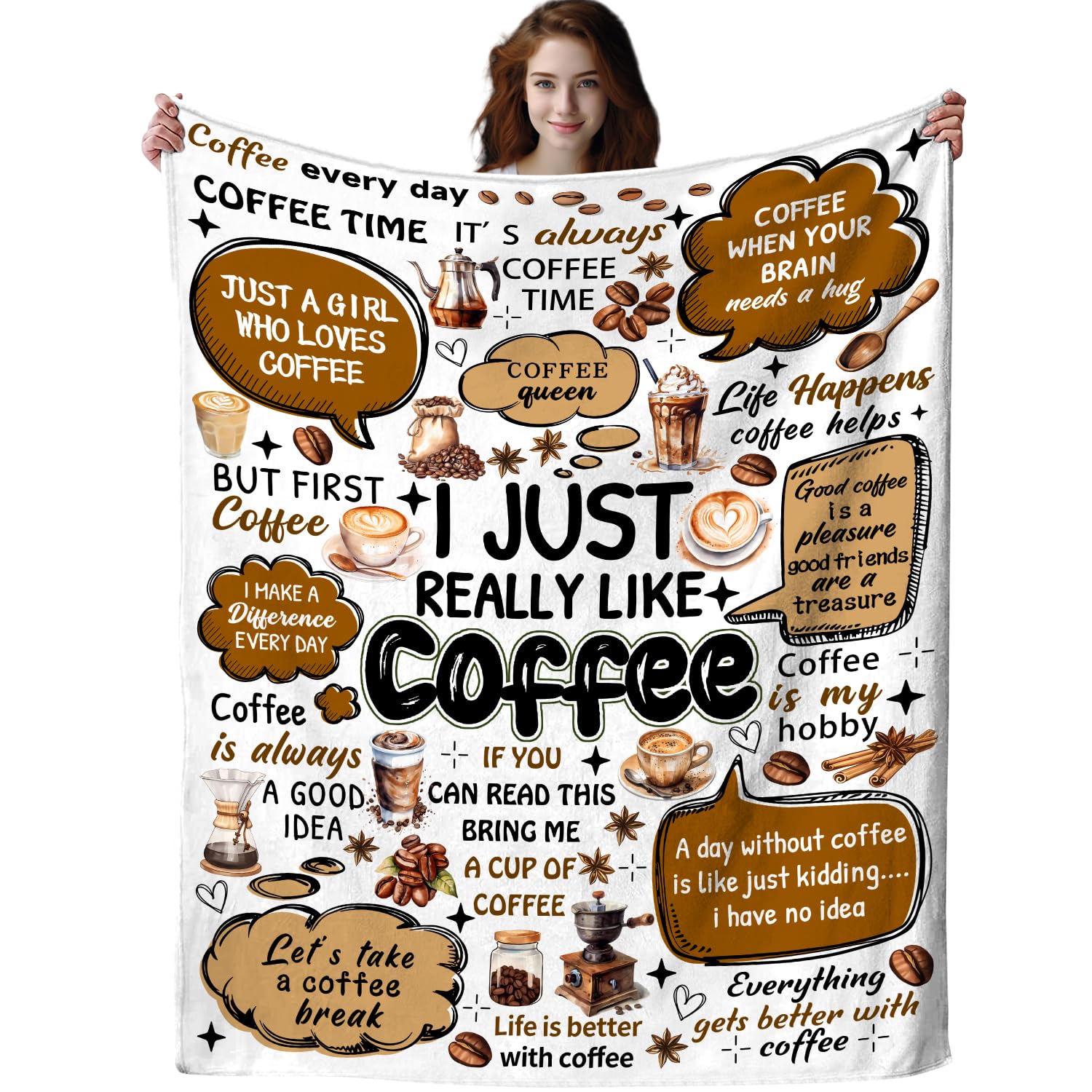Coffee Blanket Cafe Gift for Girls Women,Cafe Cup Beans Throw Blankets,Funny Coffee Lovers Gifts for Friend Besties Wife 130x150cm(50x60Inch)