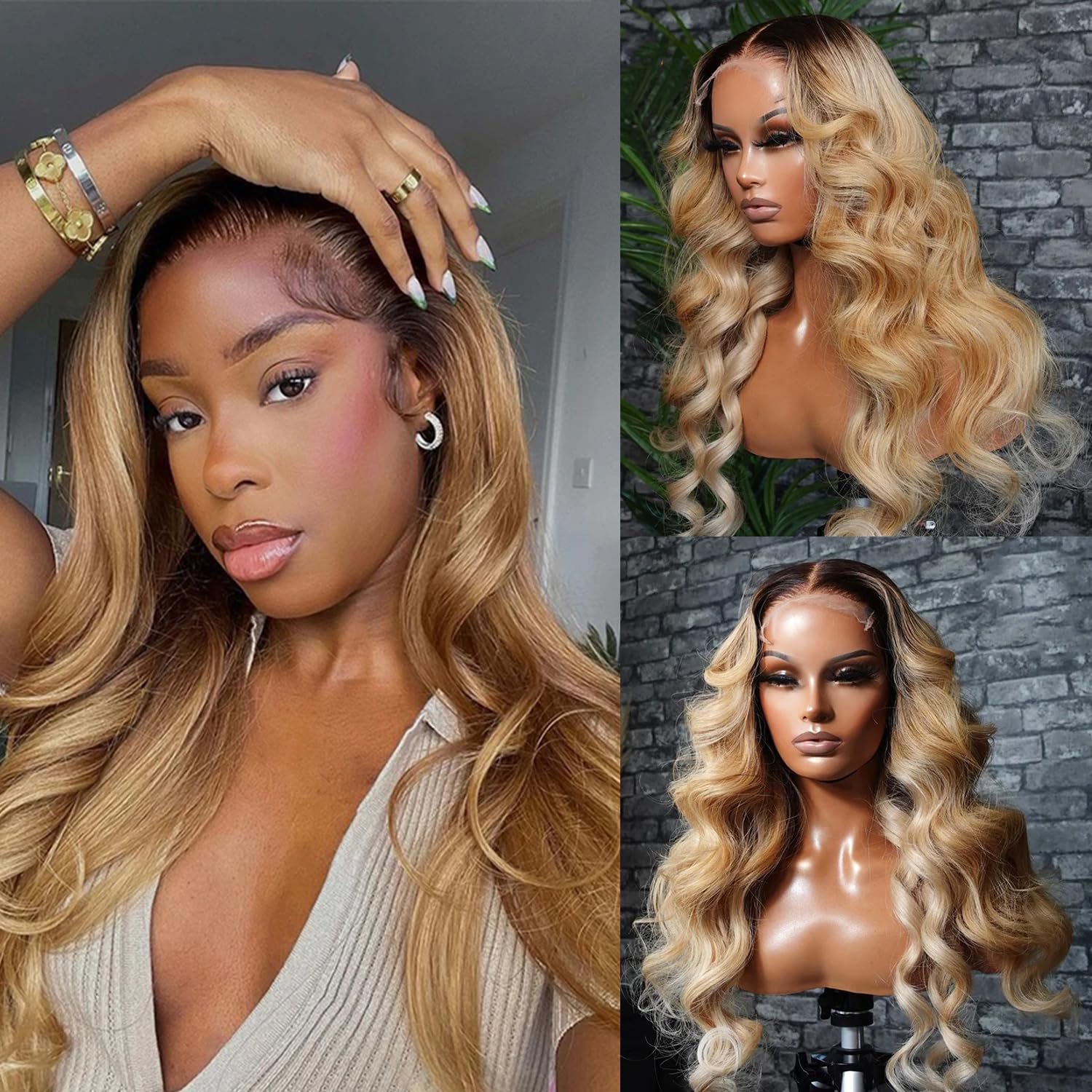 Photo 1 of Ubetta Ombre Honey Blonde Wig Human Hair Body Wave 13x6 Lace Front Wigs Human Hair 28 Inch Brown Dark Rooted Hair to Honey Blonde Lace Front Wigs Pre Plucked Hairline Glueless Wig for Black Women