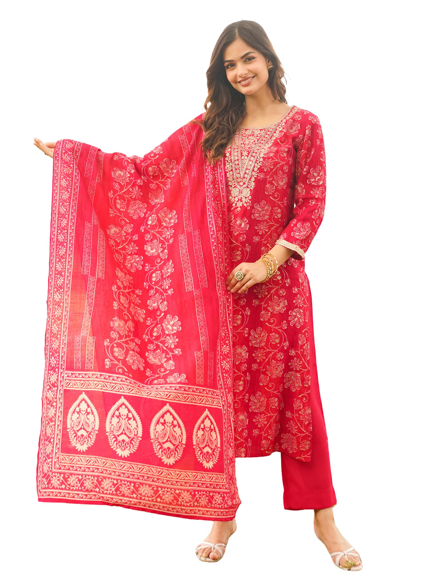 vaamsi Women's Red Viscose Rayon Embroidered Straight Floral Kurta Trousers With Dupatta Set | Fusion Straight Kurta Set For Women | Floral Salwar Suit For Women-picture-12