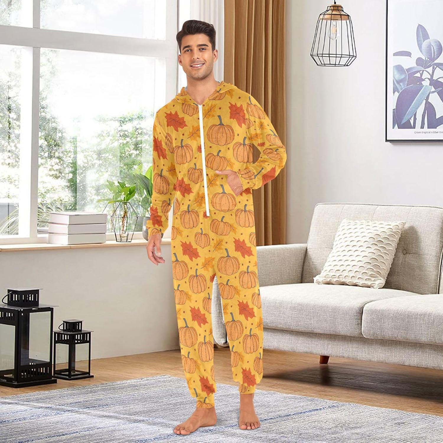 Fall Pumpkin Leave Thanksgiving Day Zipper Hooded Adult Jumpsuit Pajamas with Pockets XS-3XL