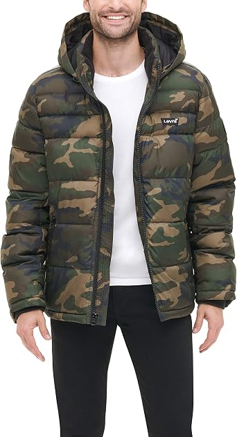 Levis Mens Mid-Length Quilted Performance Hoodie Puffer Jacket