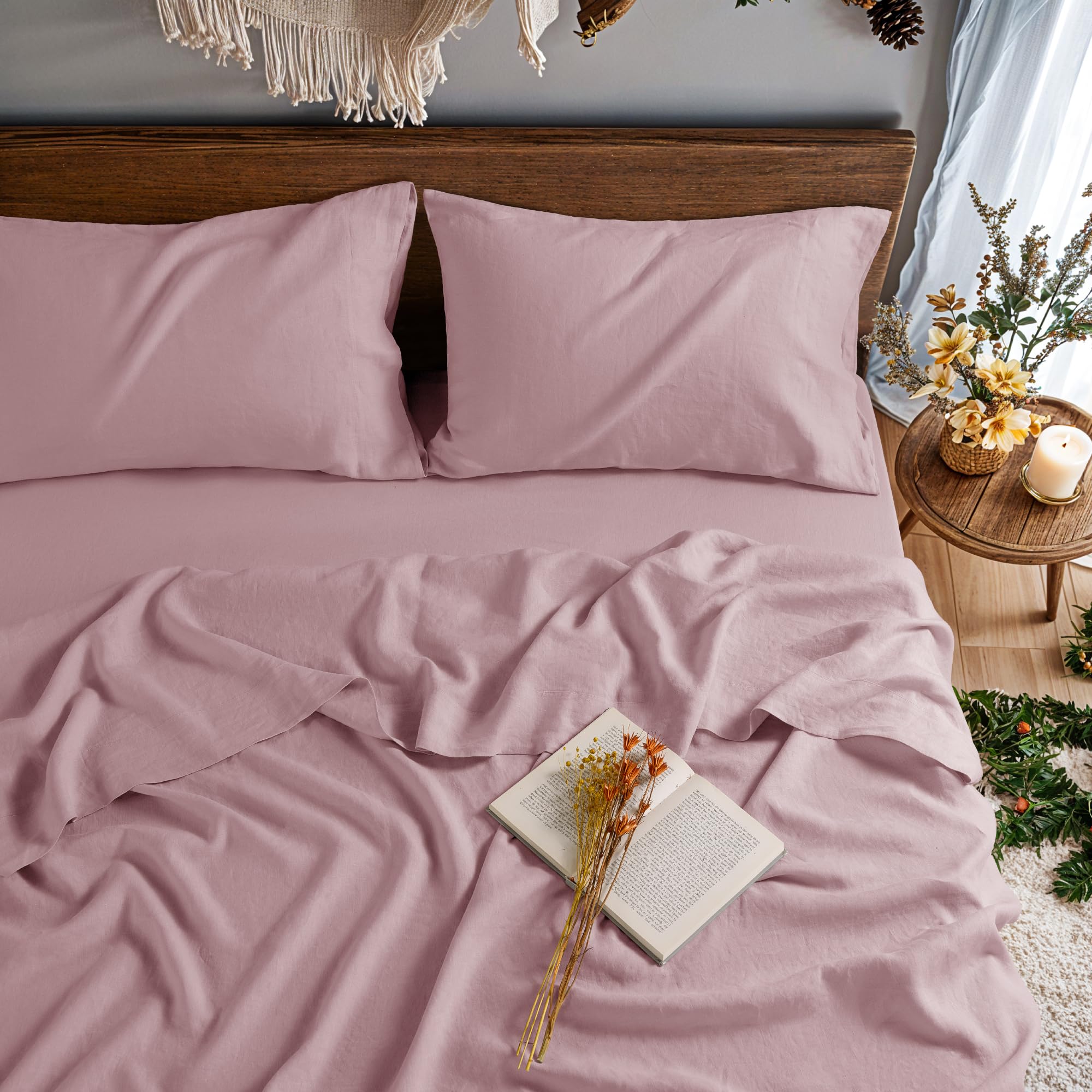 100% Pure Linen Sheet Set 4pcs Natural Linen Sheets Embroidery Purple Color Full Size, Relaxed Texture