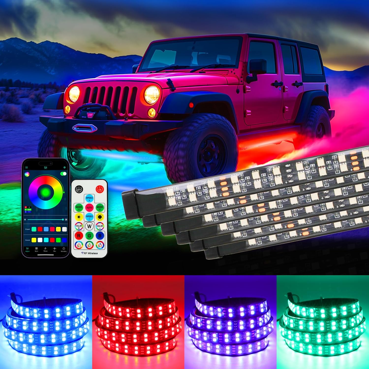 Underglow Light Kits 2-Rows,Neon Accent Strip Lights, 6PCS RGB LED Under Glow Light Kit for Car,Waterproof Exterior Car Light Strips for Van SUV Truck,with APP & RF Remote Control,DC 12V