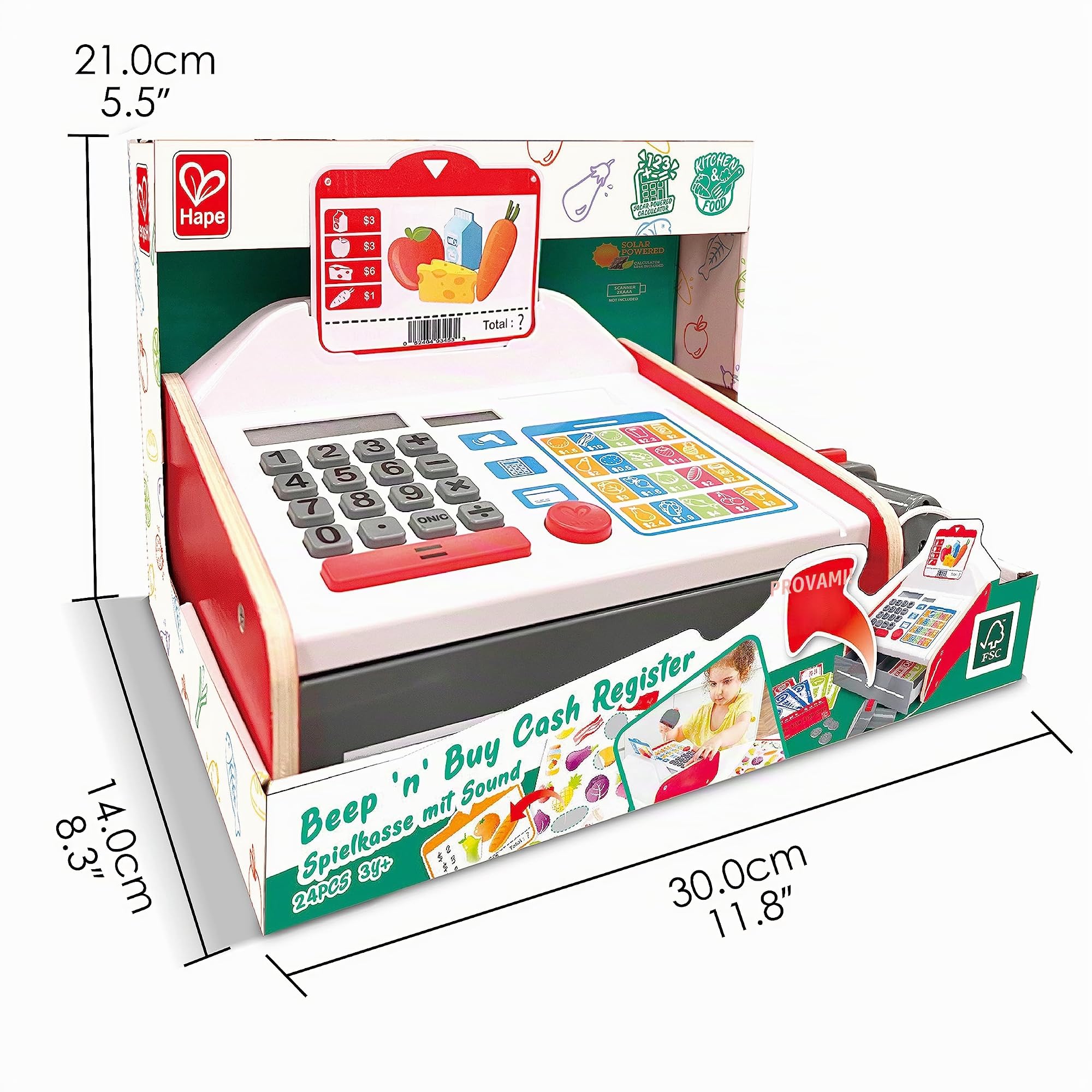 Hape - Cassa supermercato con Banconote e Carte di Credito | Registratore di Cassa con luci, Suoni e calcolatrice Solare per Bambini dai 3 Anni su