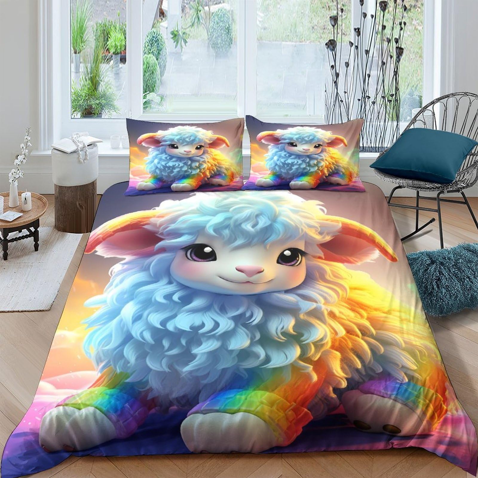 Ctjqhvkz Style-8 3D Printed Rainbow Lamb Fitted Sheet Microfiber Soft Anti-Slip Pastel Sheep Bed Cover For Bedroom Dorm Decor Single（135X200cm）