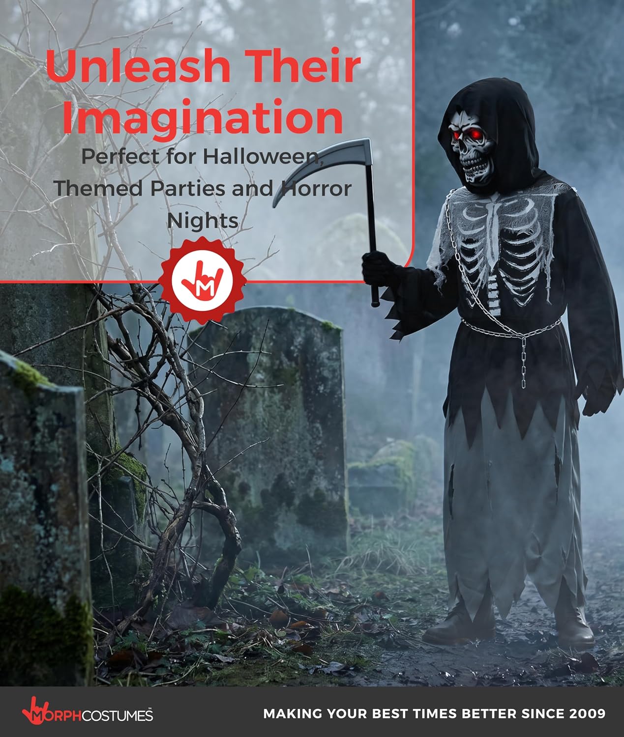 Morph Kids Light Up Grim Reaper Costume - Scary Halloween Outfit with Grim Reaper Scythe for Kids