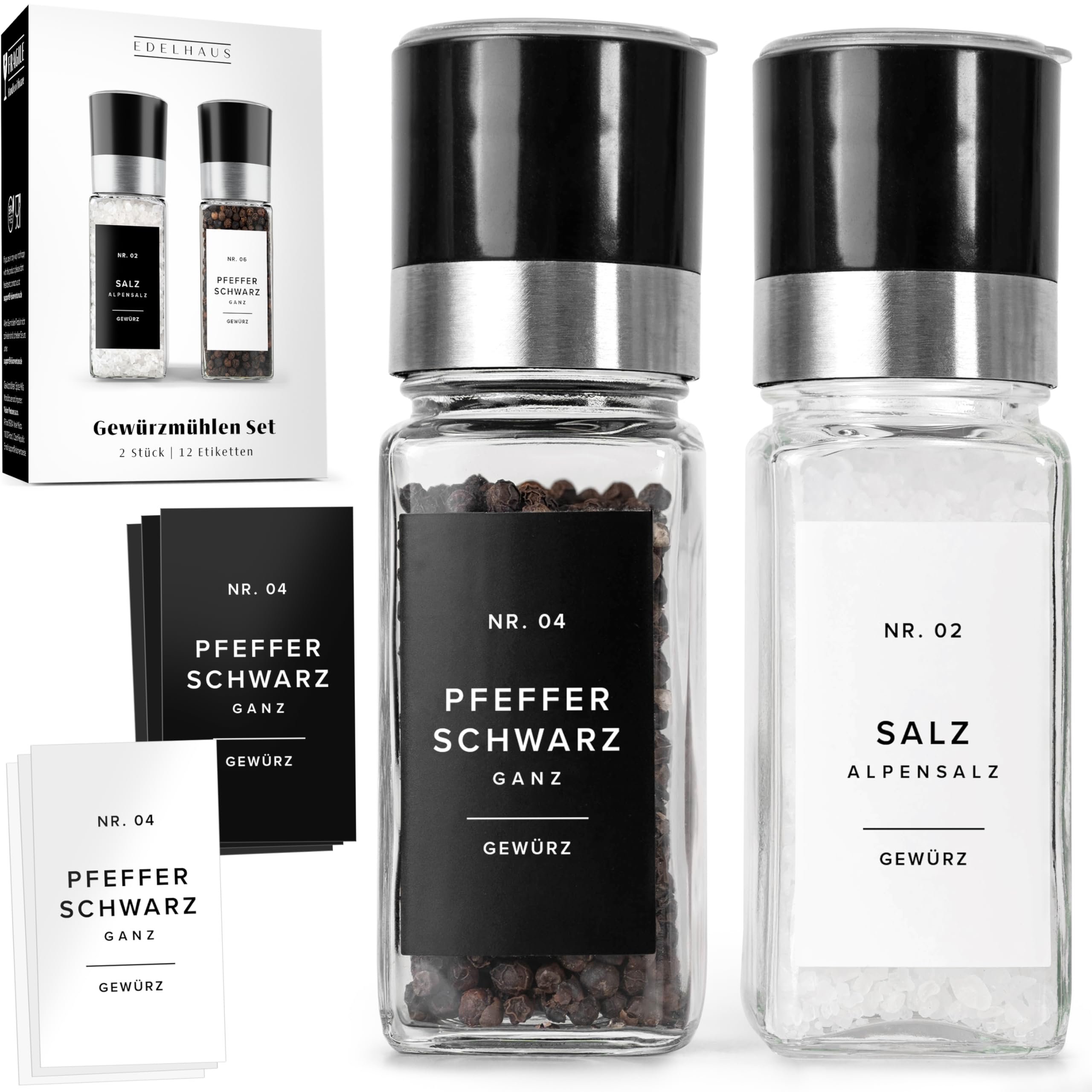 EDELHAUS Gewürzgläser Eckig mit Pfeffermühle & Salzstreuer (2x 120ml) – Salz und Pfeffermühle Set, Salz- und Pfefferstreuer, Gewürzstreuer & Gewürzbehälter Küche, Haushalt & Wohnen