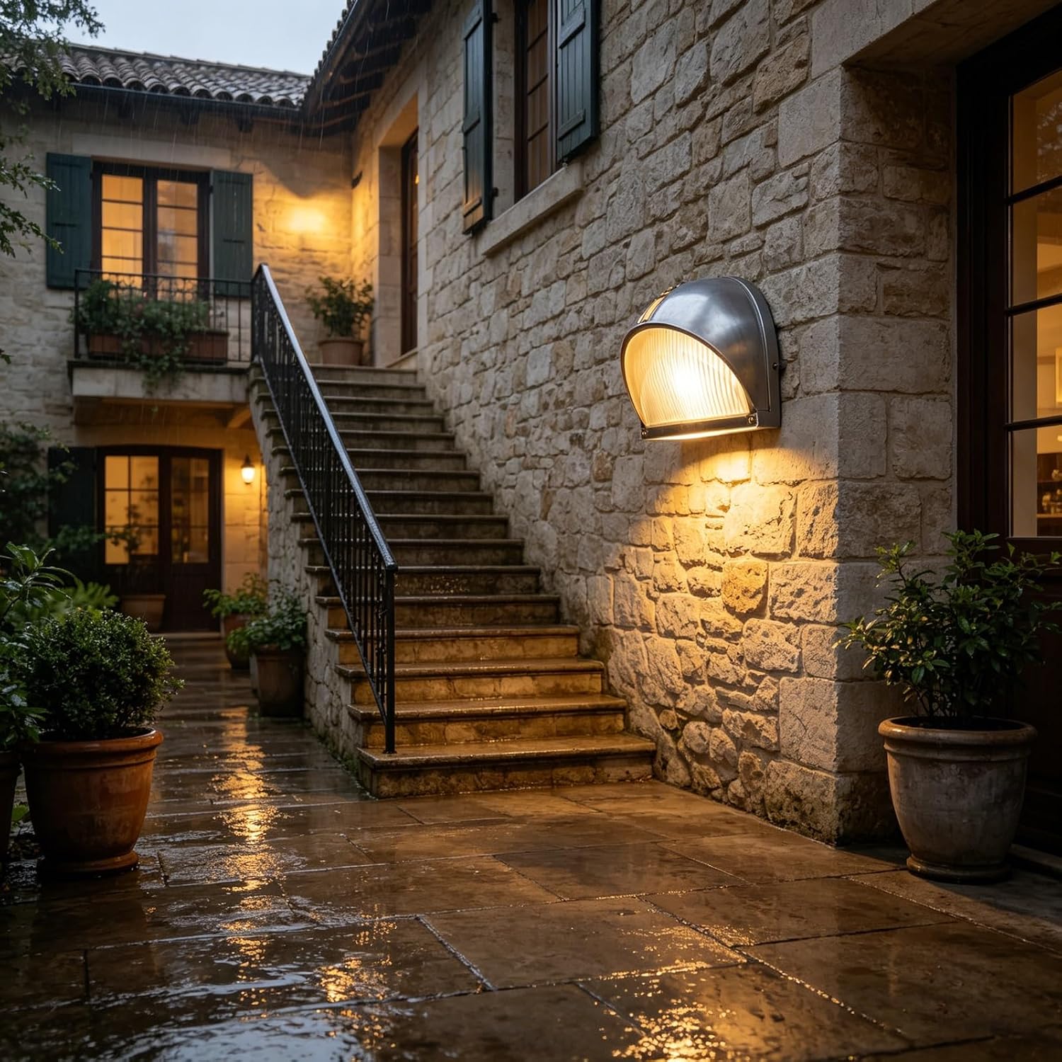 Outdoor Wall Lamp with E27 Socket, 8.7" Silver Half Moon Glass Shade