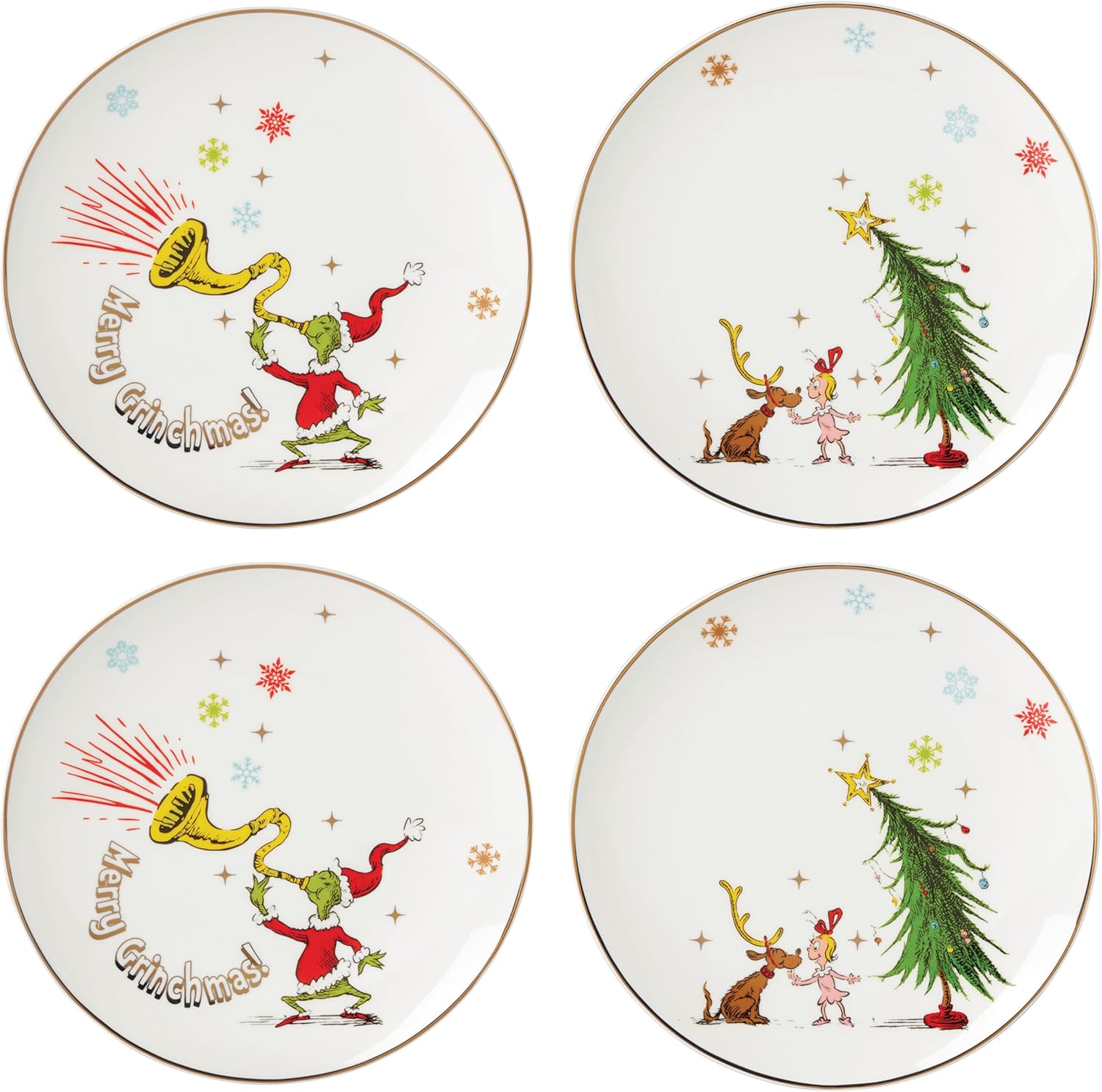 Lenox 894166 Merry Grinchmas 4-Piece Assorted Accent Plate Set, Christmas Drinkware, Holiday Hosting