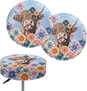 Wanyint Fundas de asiento redondas para taburete de bar, lavables, elásticas, de 14 a 16 pulgadas, 2 unidades, diseño de vaca de las tierras altas, color azul floral bohemio