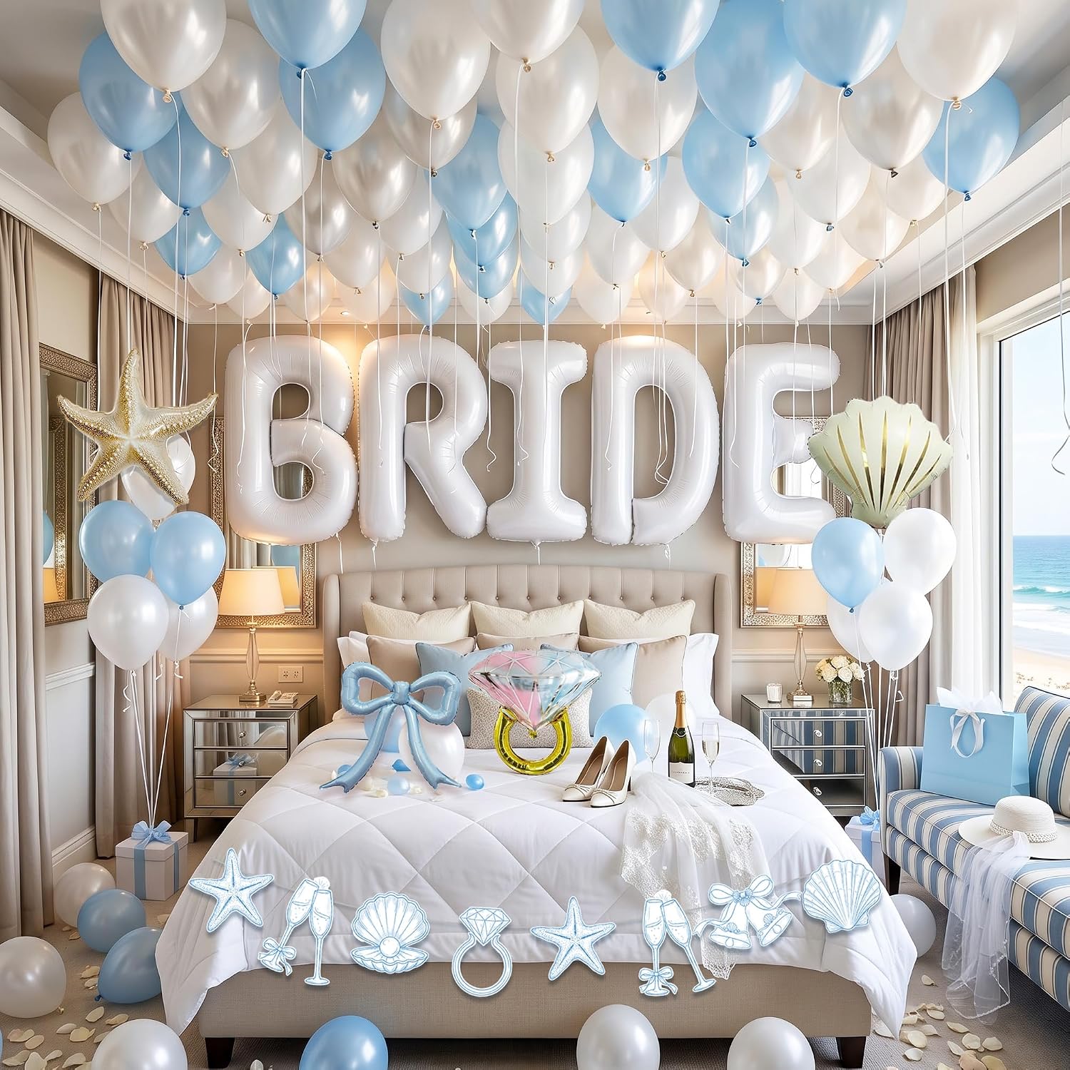 Blue Bride Balloons Decorations Kit for Bachelorette Party, Beach Bridal Shower Decor with 40" BRIDE Letter Balloons,Bow, Starfish, Seashell,Ring Balloon, Coastal Banners,Hotel Room Decorations