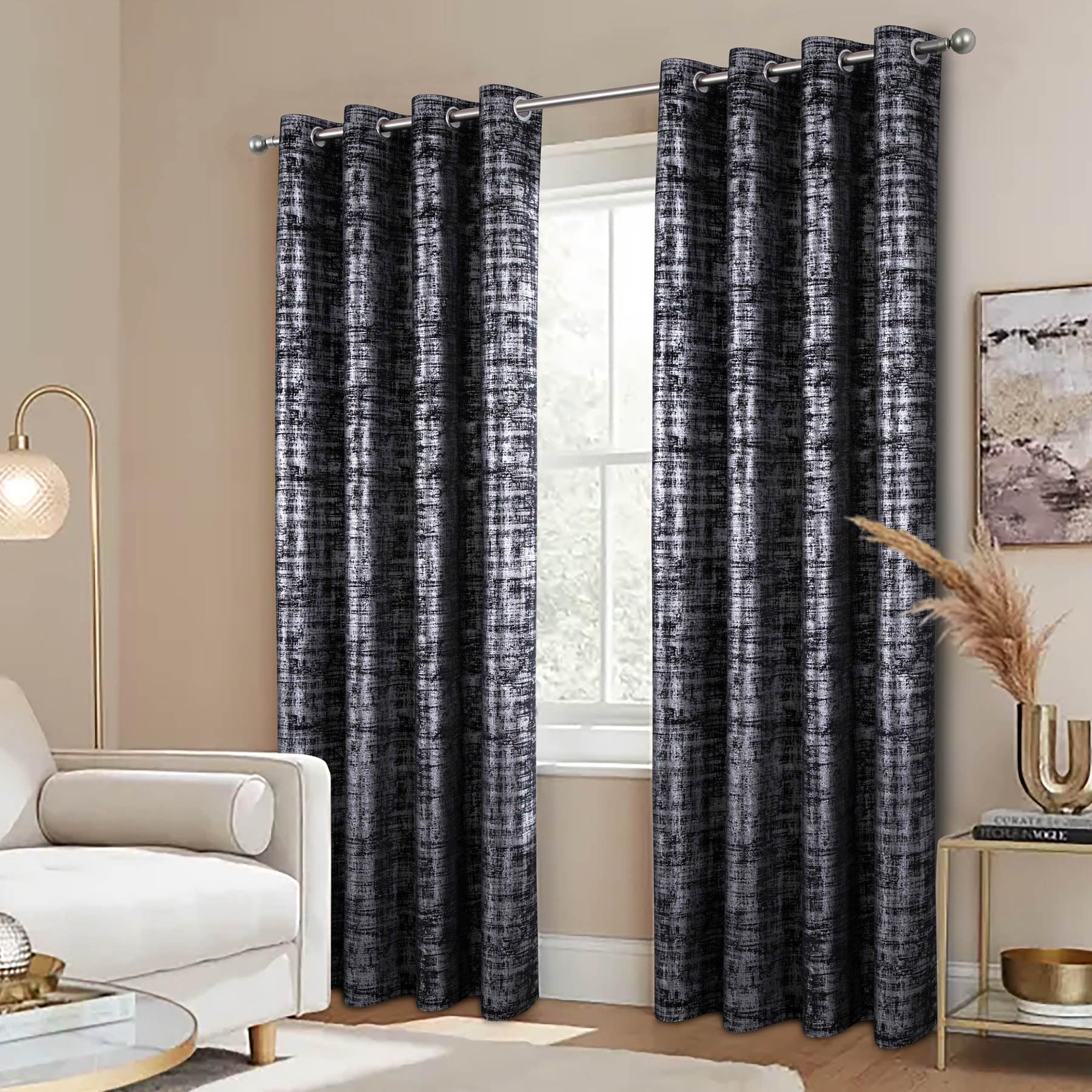 always4u 100% Blackout Velvet Curtains with Silver Film Backing Thermal Insulated Window Treatments for Bedroom Silver Foil Printed Eyelet Curtains Drapes 2 Panels Black W66 X L72 Inches — image 1