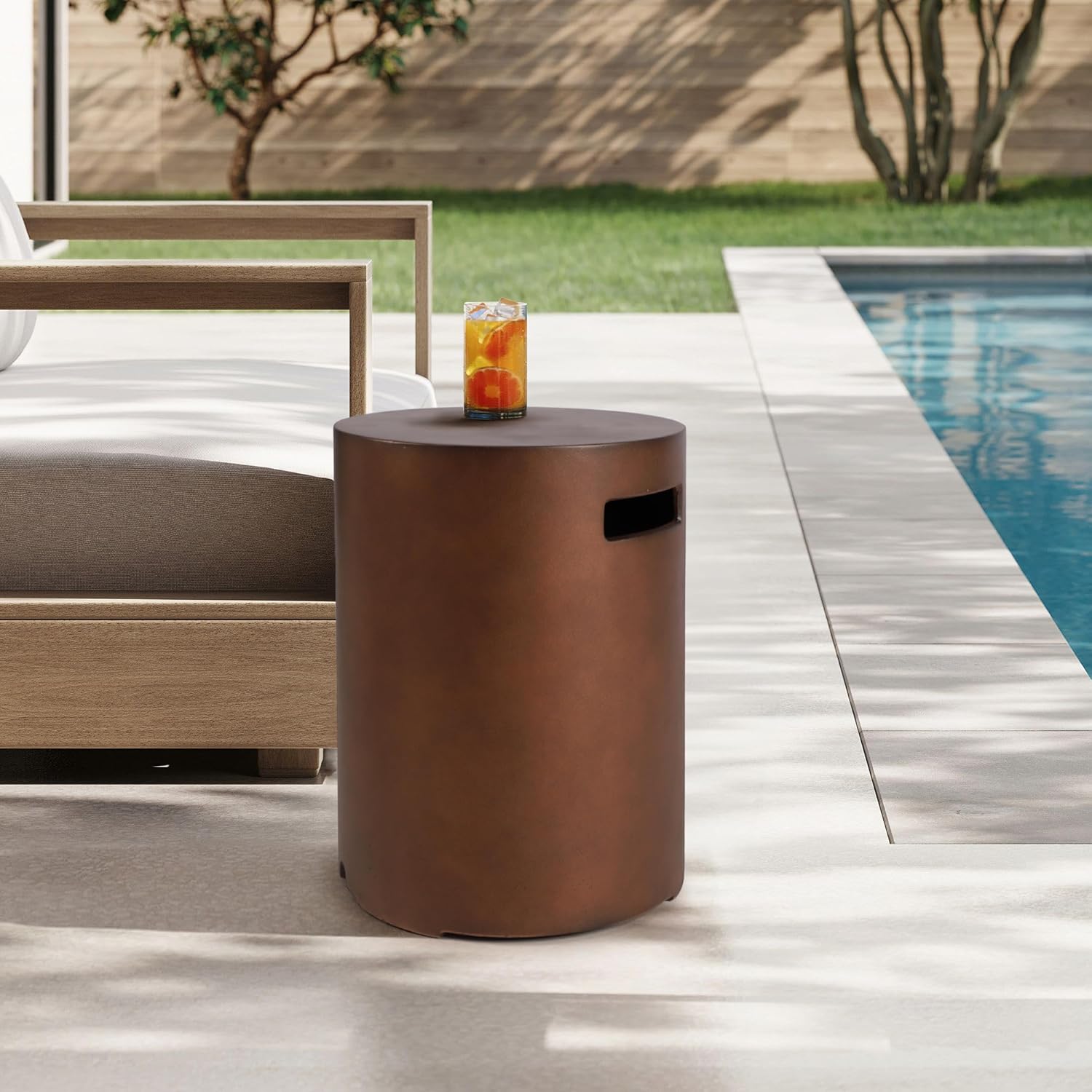 Propane Tank Cover Table 16"x16"x20"H Round Propane Tank Storage Hideaway Box for Gas Fire Pits, Brown Concrete Gas Tank Holder Outdoor Side Table for 20 Pound Gas Tank