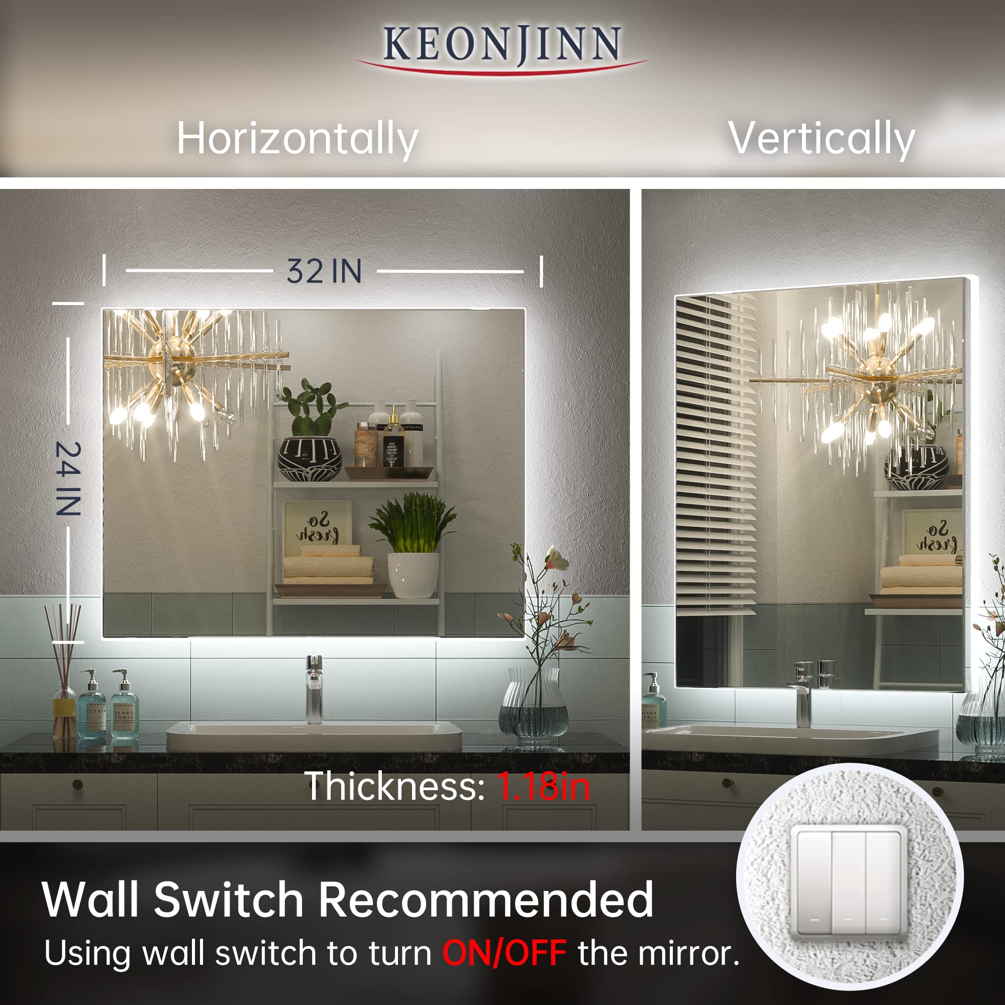 Keonjinn 24 x 32 Inch LED Backlit Mirror Bathroom Mirror with Lights ...