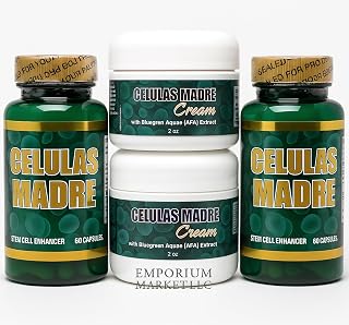 Stem Cell Kit – 2 Bottles of Capsules + 2 Jars of Stem Cell Cream with AFA Algae – Dual Format Pack for Daily Routine – All Natural Style Presentation – 4-Piece Set Madre Cell