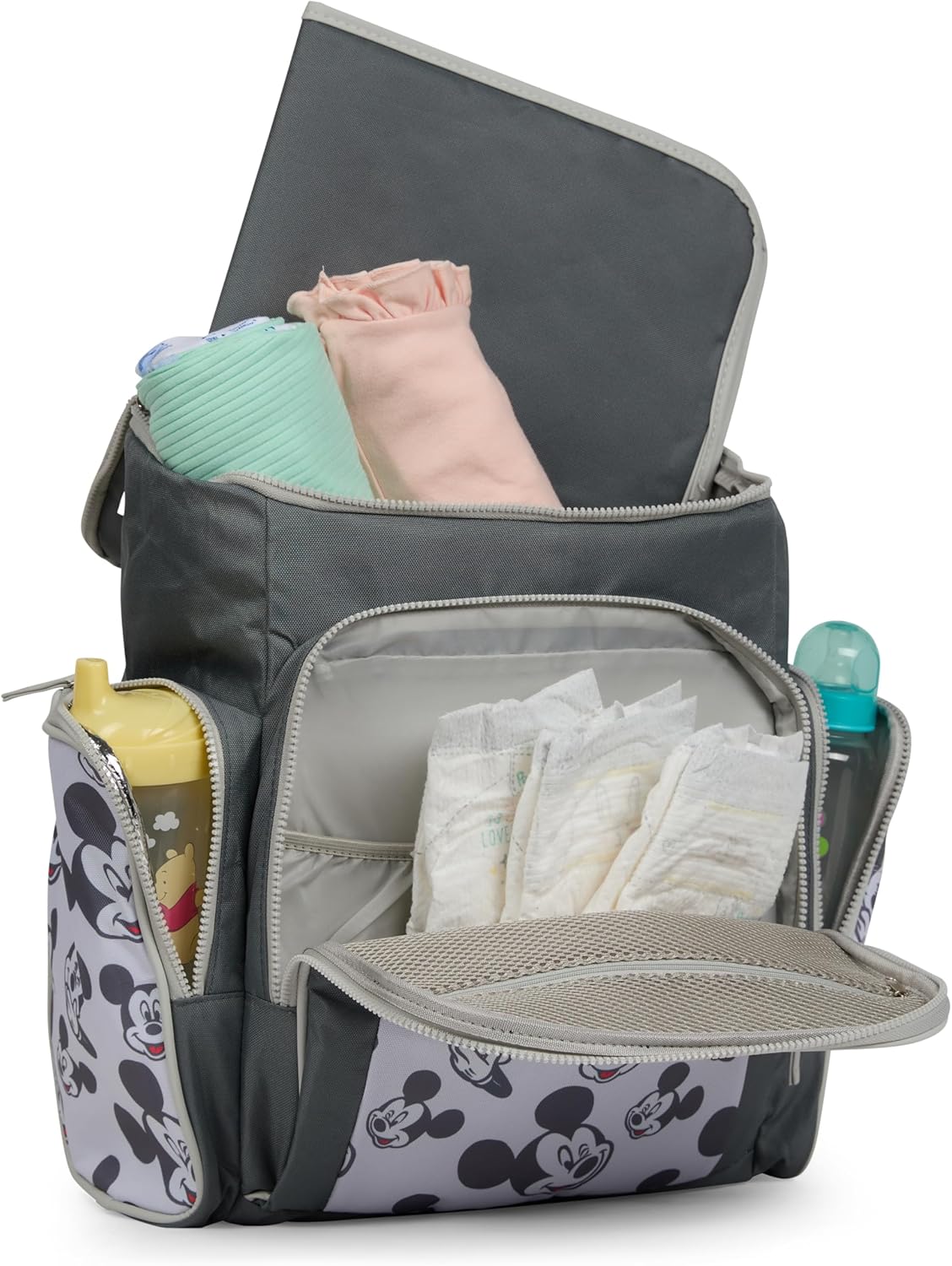 Disney Diaper Bag Backpack with Changing Pad Mickey Mouse – 16” Nylon Baby Bag for Parents, Insulated Bottle Holders, Multiple Storage Pockets