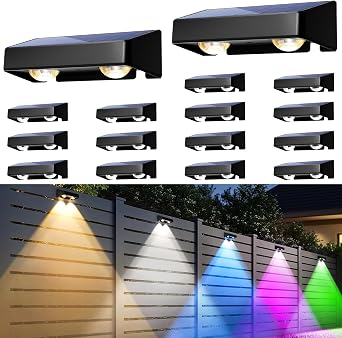 Solar Fence Lights Outdoor, Solar Wall Lights 9 Fixed Colors   Color Changing Modern Solar Powered Deck Light for Halloween Step Stair Patio Backyard Porch Railing decor, IP65 Waterproof 16 Pack