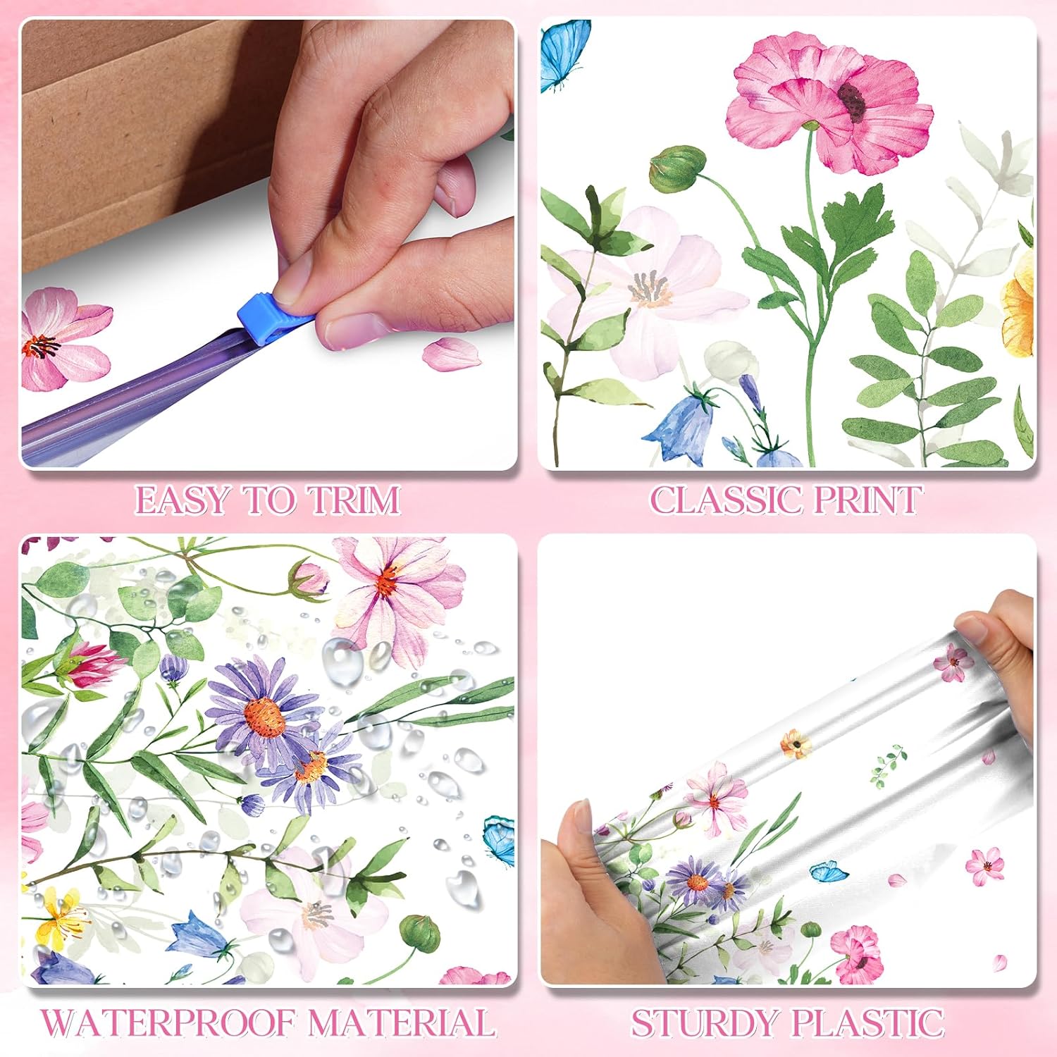 4.5x100 Feet Roll of Spring Floral Plastic Tablecloth,Pink Purple Blue Flower Butterfly Disposable Table Cover Summer Spring Photography Backdrop for Holiday Weeding Birthday Tea Party Decorations