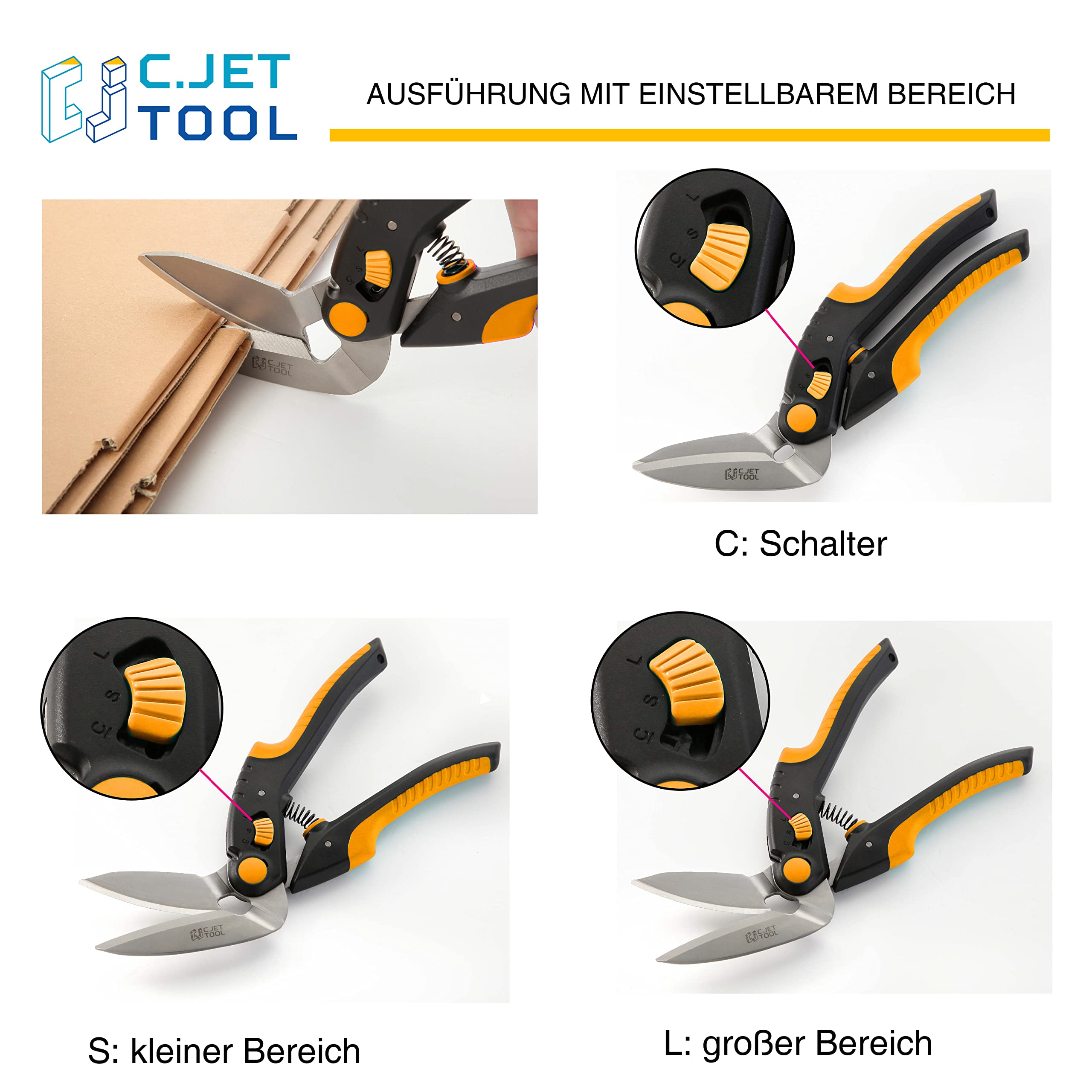 C.JET TOOL Teppichschere, Hochleistungsschere, Länge 25 cm Industrieschere, Mehrzweckschere für Teppich, Pappe, Leder, Beschneiden, Gartenarbeit, professioneller weicher Griff aus Edelstahl (Orange)