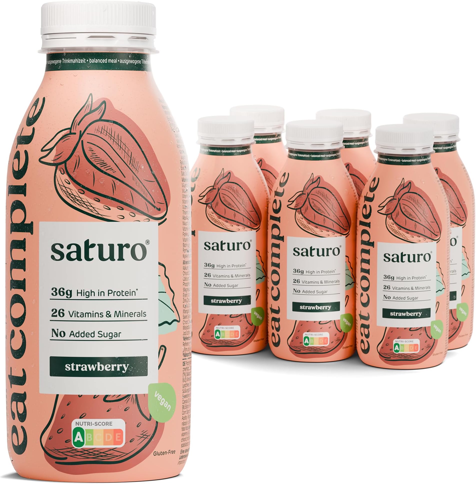 Saturo Meal Replacement Shake Strawberry | 36 g Protein, sugar-free, 400 kcal | Drinkable Food with Valuable Nutrients | 6 x 400 ml
