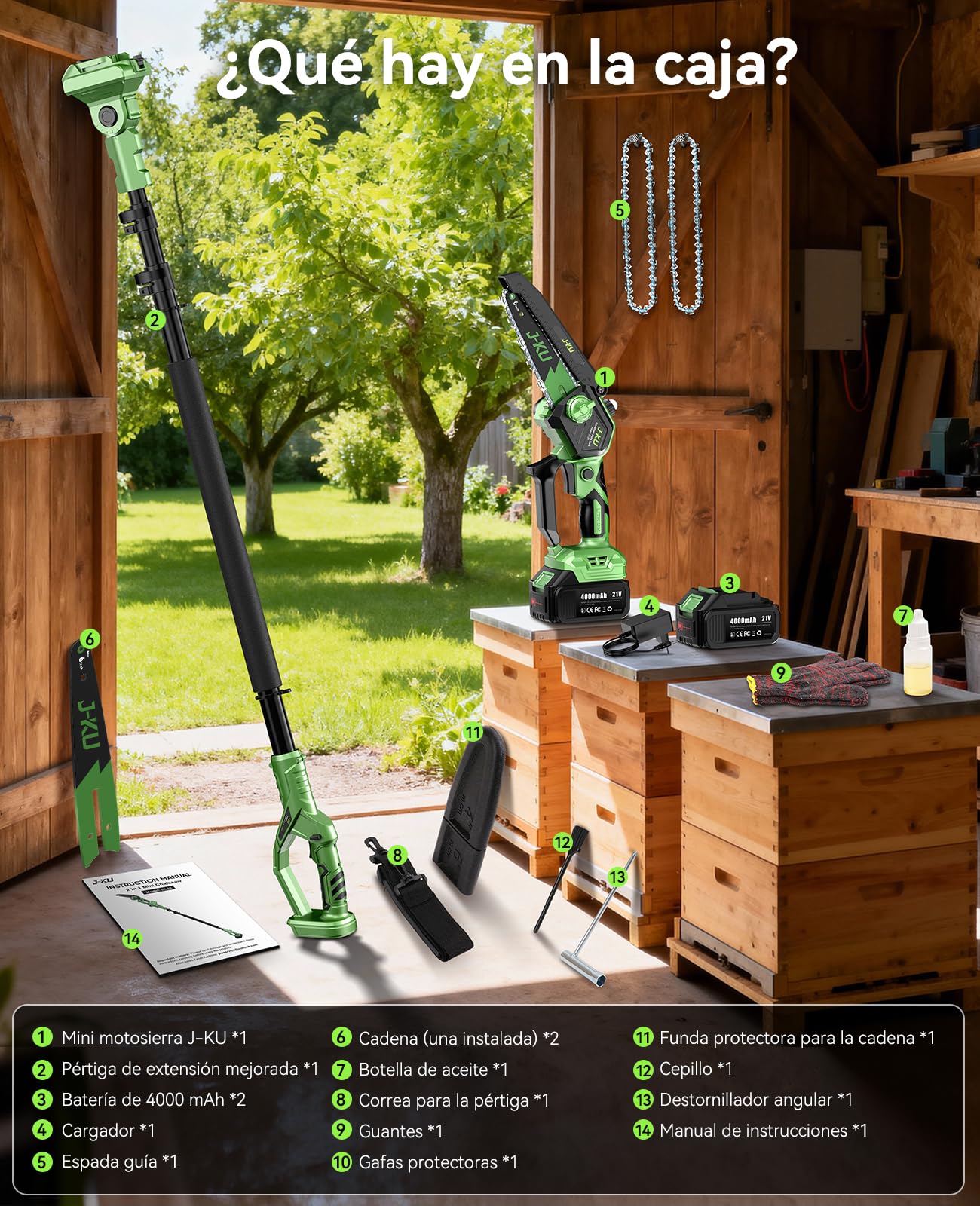 J-KU 2-in-1 Akku Teleskop Hochentaster, 6 Zoll Mini Kettensäge mit 2×4.0Ah Akkus & Ladegerät, Bürstenloser Motor, bis 4,8m Arbeitshöhe, Akku-Astsäge für Baumpflege und Gartenarbeit