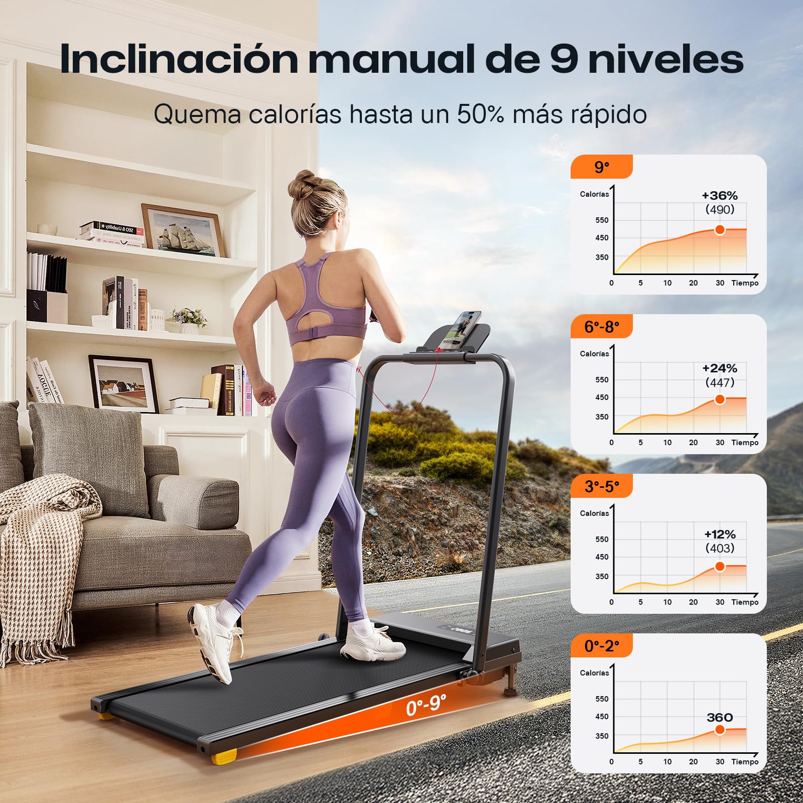 UREVO Cinta de Correr Plegable con Inclinación de 9%, 2.5HP Cinta de Andar Eléctrica Debajo Escritorio, Walking Pad Compacta para casa y Oficina, Modo HIIT de un Toque