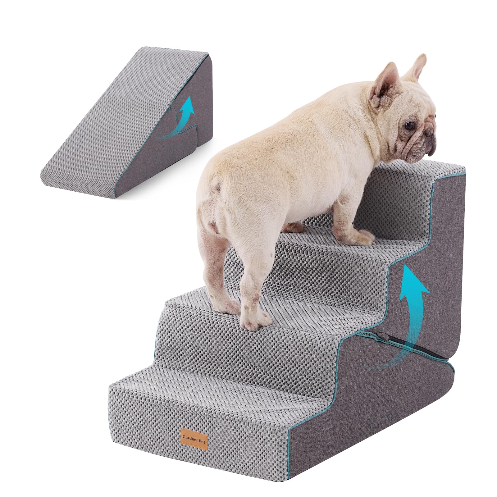 Gardner Pet scala 2-in-1 per cani piccoli, scala per cane a 4 gradini, rampe per cani in schiuma con rivestimento impermeabile e antiscivolo per letto, divano, poltrona e auto, grigio