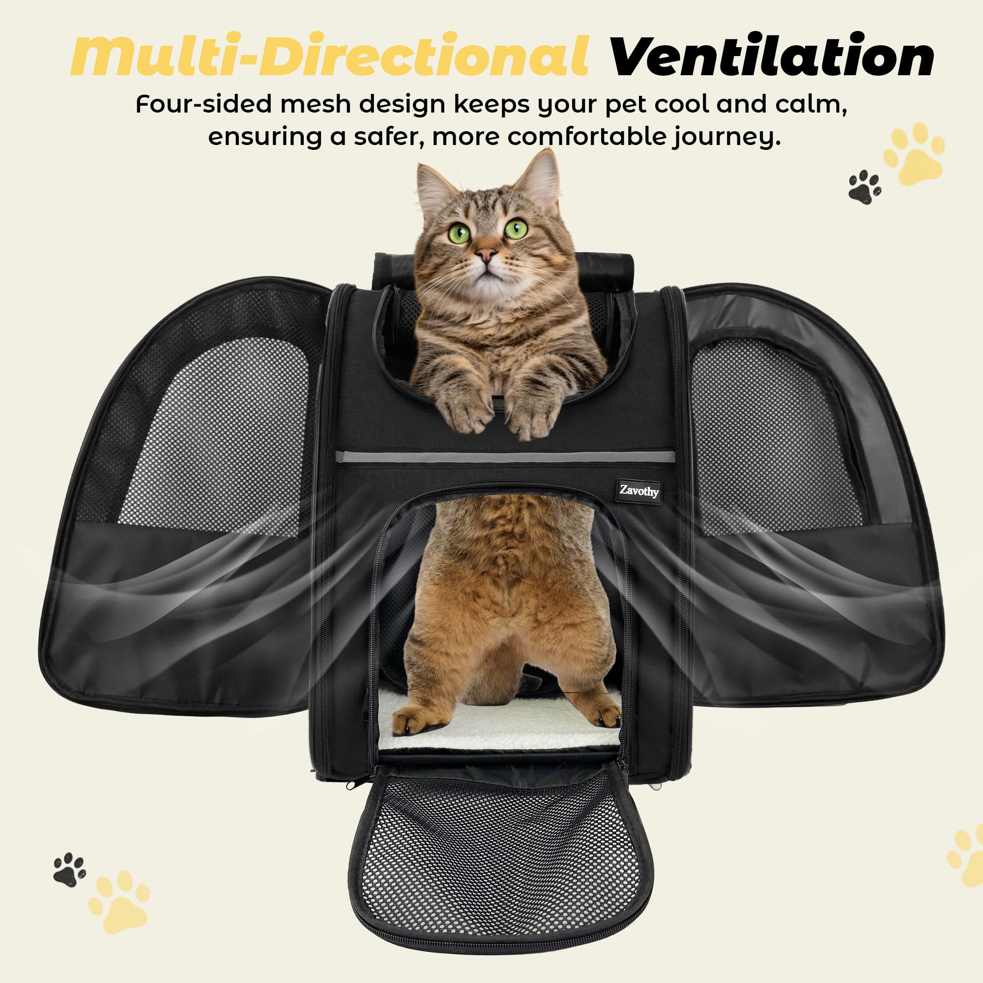 Zavothy Sac à Dos Transport pour Chat et Chien, Portable et Pliable, avec Fenêtre en Maille et Support Dorsal Rembourré, Respirant, Charge Maximale 8 kg (Noir)
