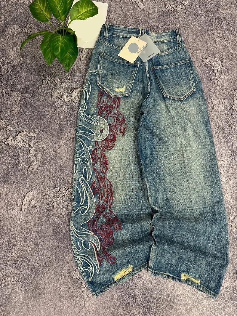 Baggy Jeans mit Muster und Stickerei for Damen Herren, Vintage-Stil, Hip-Hop-Look, lässige Paar-Jeans weitem Bein Für Männer