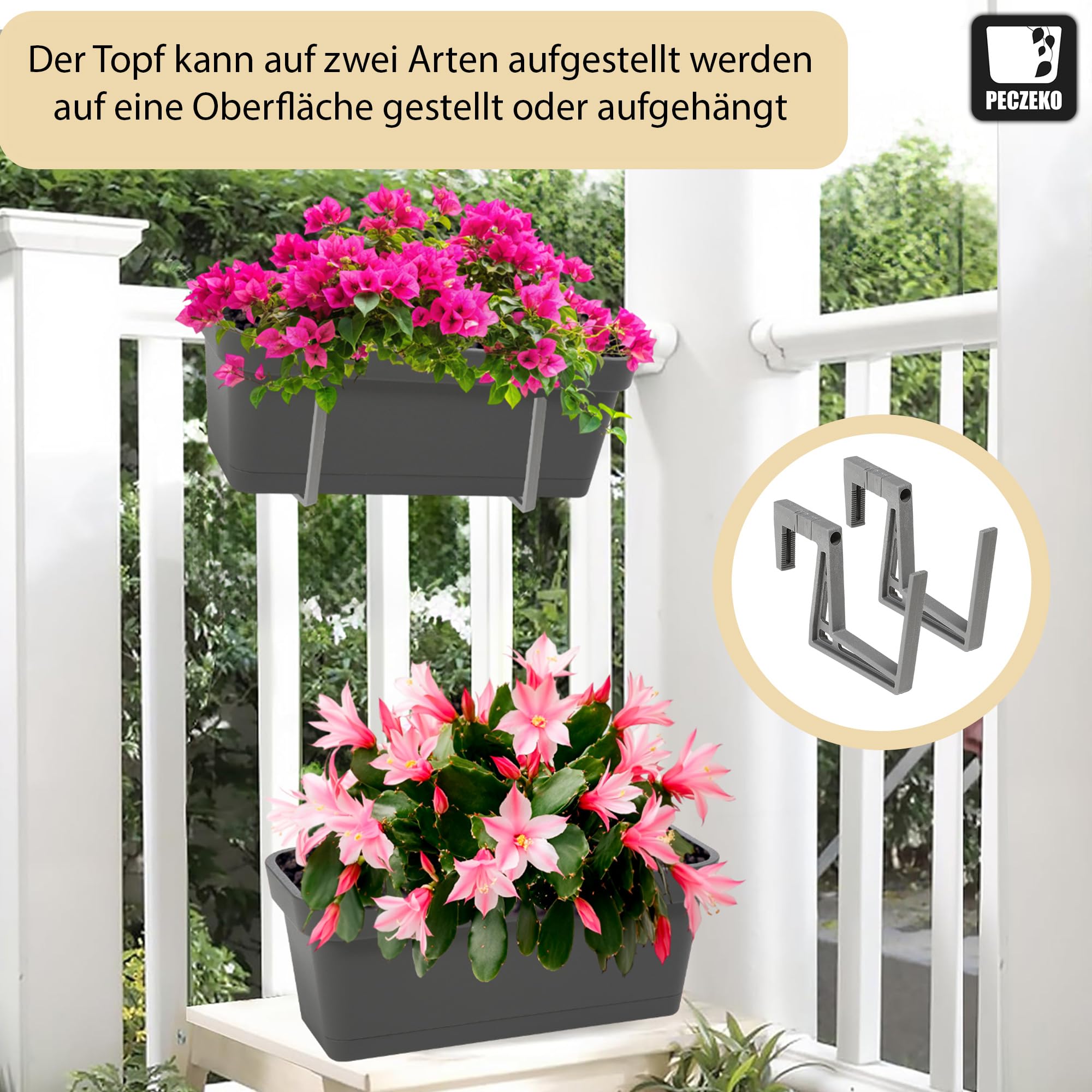 KADAX Bloembakset, balkonbak van kunststof, plantenbak voor bloemen en kruiden, duurzame balkonpot, plantenbak voor balkon, set van 3 x 40 cm, antraciet