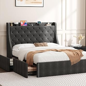 Upholstered Full Bed Frame with 4 Storage Drawers, Wingback Headboard with Charging Station, Diamond Stitched Button Tufted Design, No Box Spring Needed, Grey