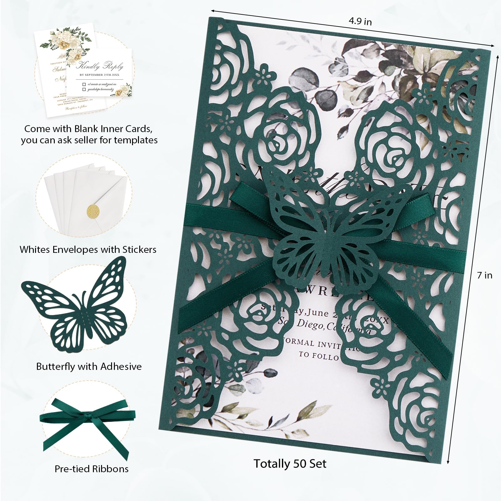 Smaragdgrüne Hochzeitseinladungen mit Umschlägen und RSVP-Karten, Blanko-Innenkarten, Bändern, für Hochzeit, Babyparty, Quinceañera-Party-Einladungen, 50 Sets