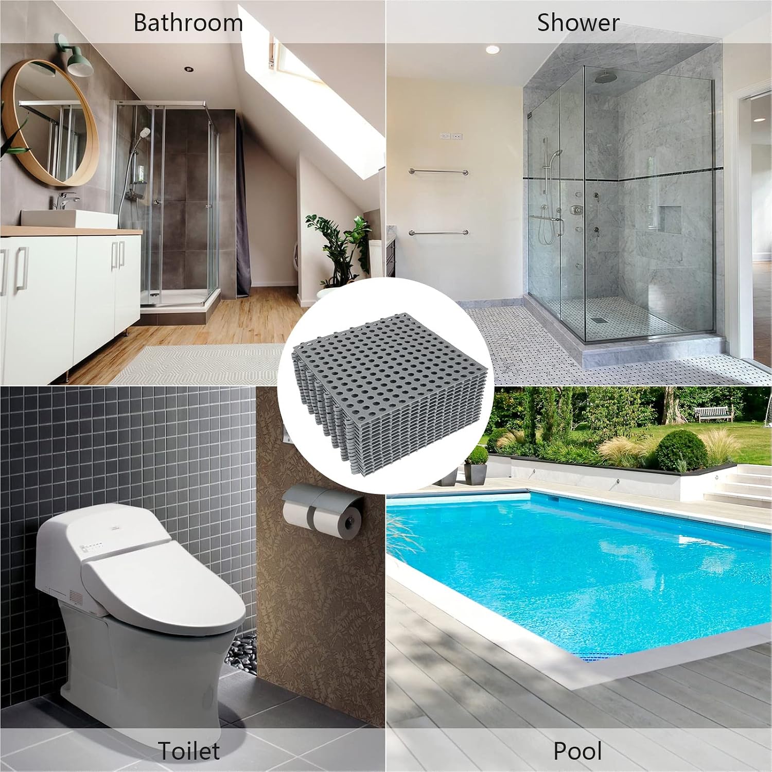 16Pack 12" x 12" Interlocking Rubber Floor Tiles Non-Slip Pool Mat Splicing Shower Cushion Mat for Bathroom, Deck, Drain, Pool, Patio, Balcony, Kennel, Dark Gray