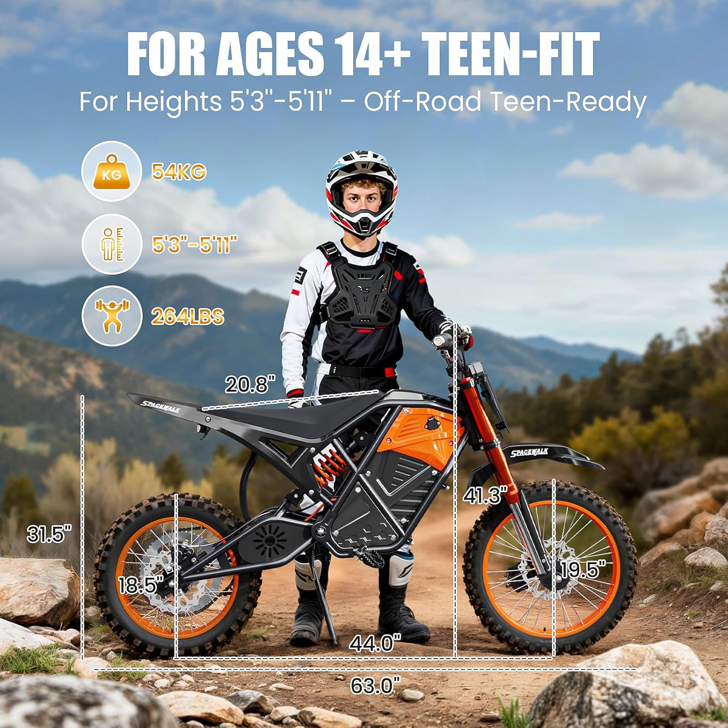 Spacewalk 3500W Electric Dirt Bike for Adults & Teens - 37MPH & 200N·m Torque, 48V 23Ah Battery, 65-Mile Range, 14/12" Fat Tires, Hydraulic Disc Brakes & Full Suspension Off-Road E-Bike