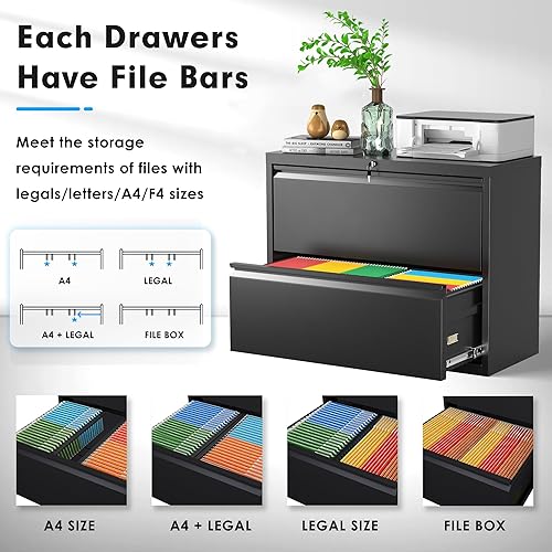 Miniatura 5 de Greenvelly Archivador de 2 cajones, archivador lateral negro con cerradura, archivadores de oficina para tamaño legalcartaA4F4 con archivos