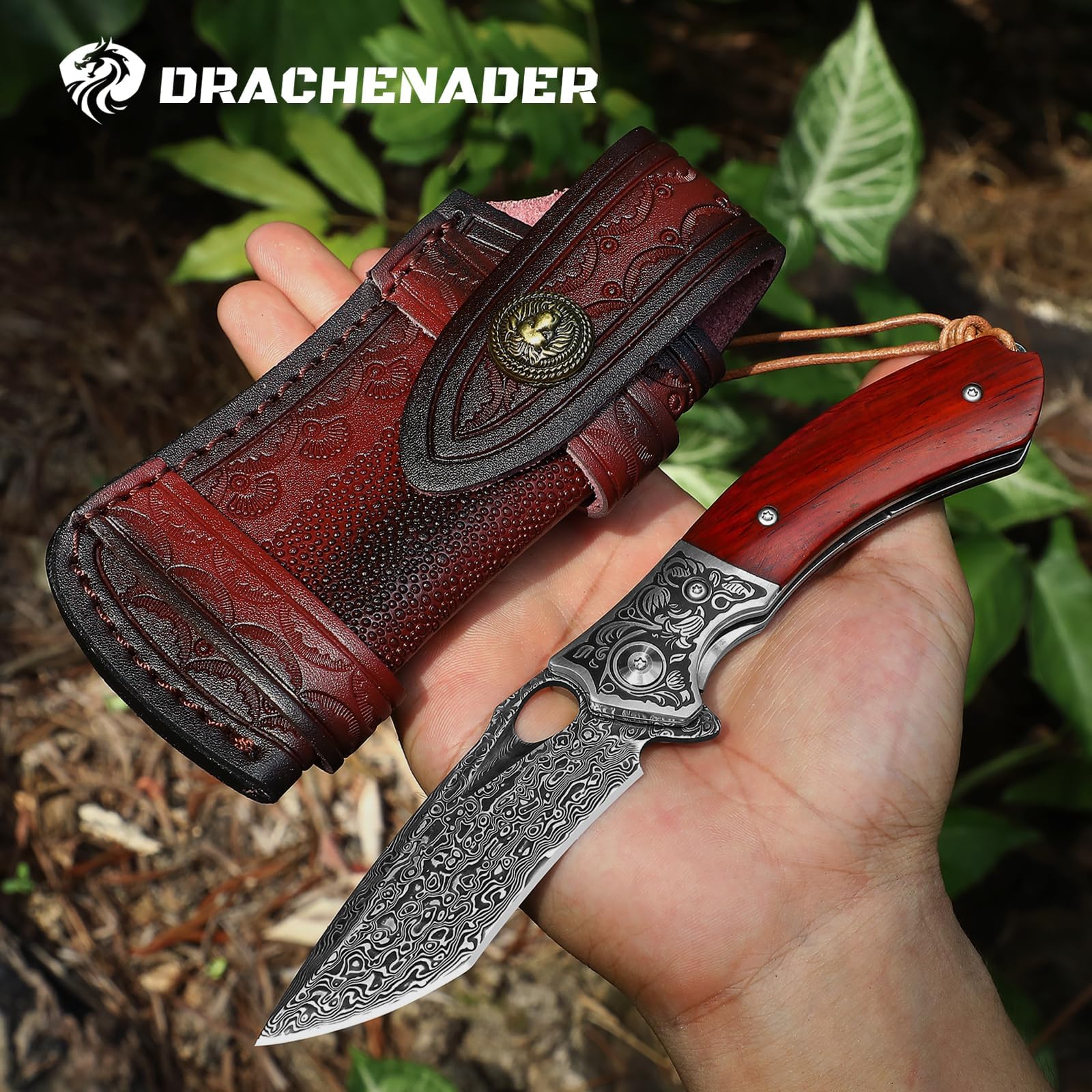 DRACHENADER Acero de Damasco de de un solo filo navaja de bolsillo con funda de cuero hermoso, cuchillo plegable al aire libre VG10 Kern mango de madera de regalo