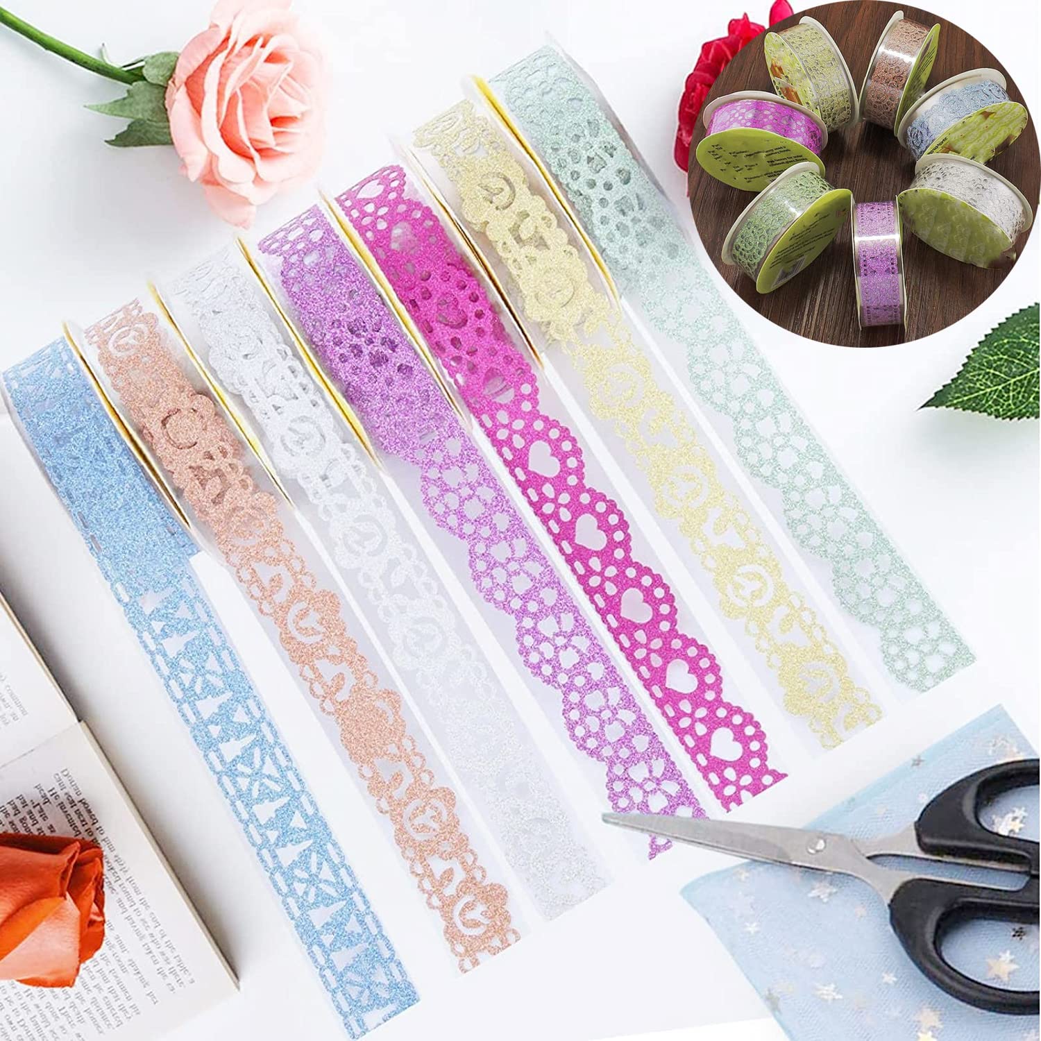 Moinkerin 7 Rolls Washi Tape Ruban Adhésif Décoratif Colle Paillette