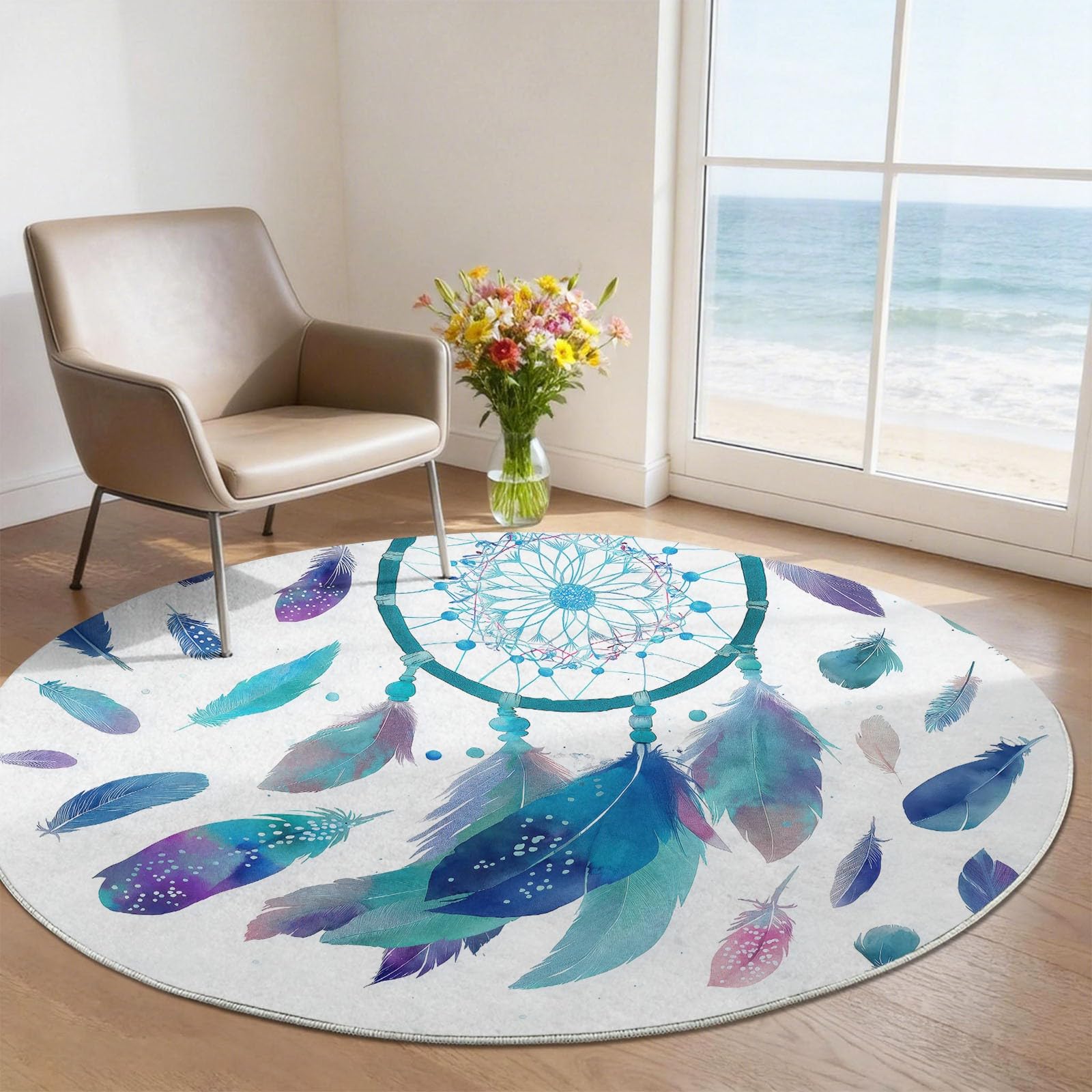 Teppich Rund Boho Wohnzimmer 160 cm Durchmesser | Mit Traumhafter Traumfänger Mit Federn Muster, Geeignet Schlafzimmer Bettvorleger, Kurzflor rutschfest Waschbar, Mehrfarbig Blau