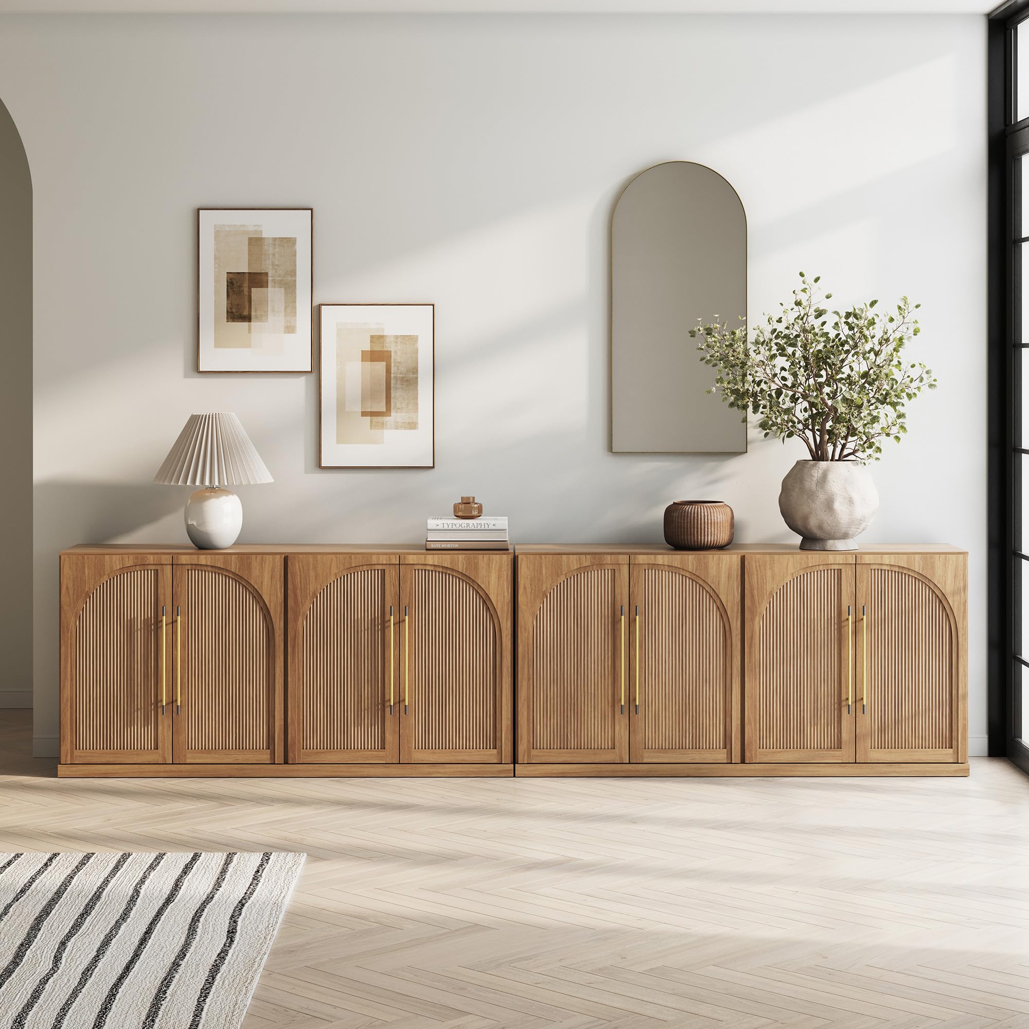 BELLEZE Set of 2 65" Sideboard Cabinet with Double-Arc Wood Doors, Large Buffet Cabinet with Storage and Adjustable Shelves, Classic Modern Console