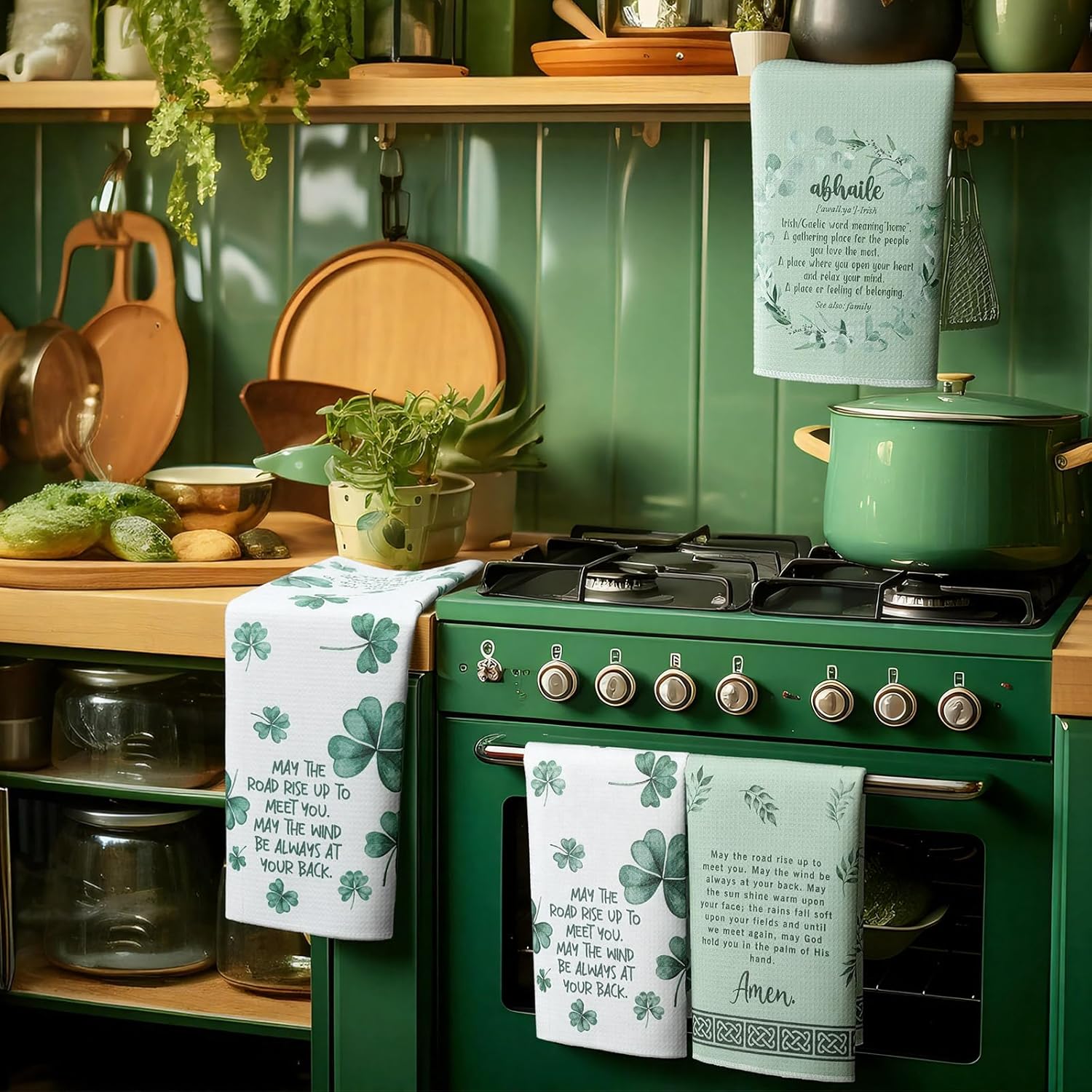 Peryiter 6 Pcs Irish Blessing Kitchen Towels St. Patrick's Day Gift for Women Ireland Blessing Dishtowels Ireland Waffle Weave Kitchen Decor Lucky Clover Towels for Bathroom Decoration 16x24 Inches - Image 2