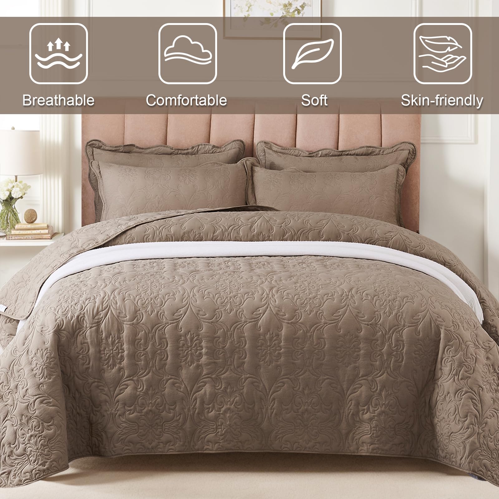 OKYUK 3-Piece Queen Quilt Set Quilted Bedspread Oversized Microfiber Lightweight Coverlet Set including Shams Reversible Printed Coverlet Bedding Set for All Season,220x240cm (Light camel - Image 3